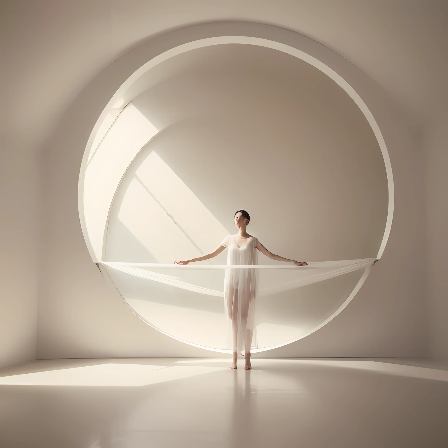 À la Fed woman in black dress standing in white room with circular window inspired by Anna Hussli, still of screen and silk, editorial photo, advertising photo, ethereal sheer translucent fabric, Japan woman standing on one leg, in front of white background, in a white room, anatomically accurate hands resting on a black hammock, against the background of a white glowing window