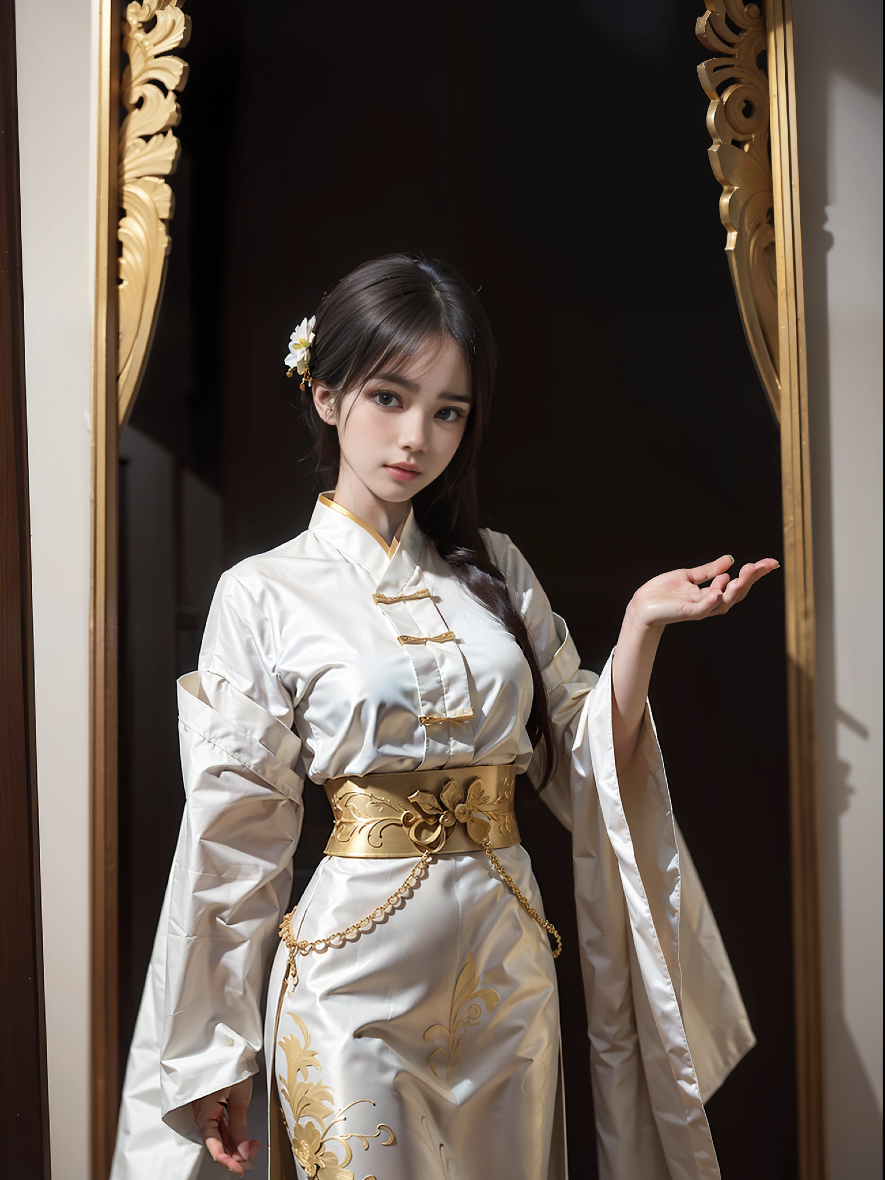 High fashion portrait of a model donned in resplendent Qing Dynasty attire, captured in a golden ratio composition, standing pose, her backdrop a minimalist canvas. Medium: Vanity Fair, Artist: Elina Brotherus  --ar 4:5 50 --style raw --s 2