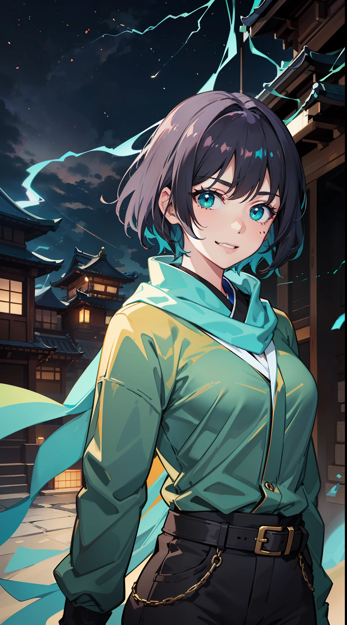 ((smug)), demon, scarf, evil, marks on face, black lines on face, ((female)), ((from in front)), ((teal outfit)), ((short hair)), ((anime screencap)), anime, teal eyes, smug, demon slayer style, edo period, dark magic, lightning, ((blue lightning)), 1girl, ((blue and black hair)), smug grin, standing tall, ((wearing a teal outfit)), in the style of demon slayer, full body, pants, teal eyes, wind vortex, pagoda background, outdoors, nighttime, moon in the sky, darkness, glowing eyes, best quality, masterpiece, HDR, HD, 8K, 4K, Ultra High Resolution, highres, absurdres, detailed eyes, detailed face, Hashira, wind, Pagoda city, japanese city, trees, detailed eyes, detailed face,