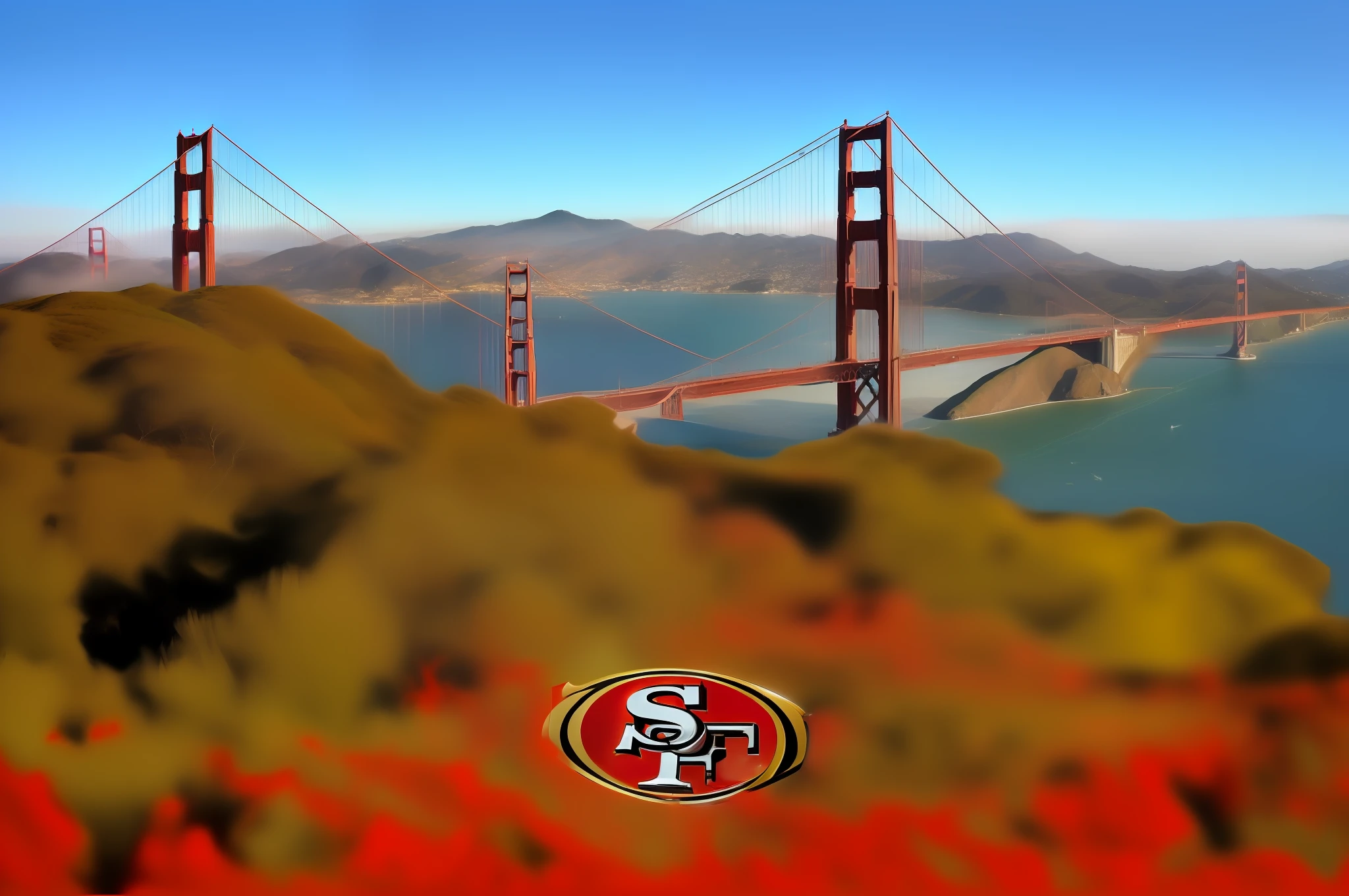 logo Masterpiece San Francisco 49ers logo in colors of red and gold and black, over Golden Gate Bridge, absurdres