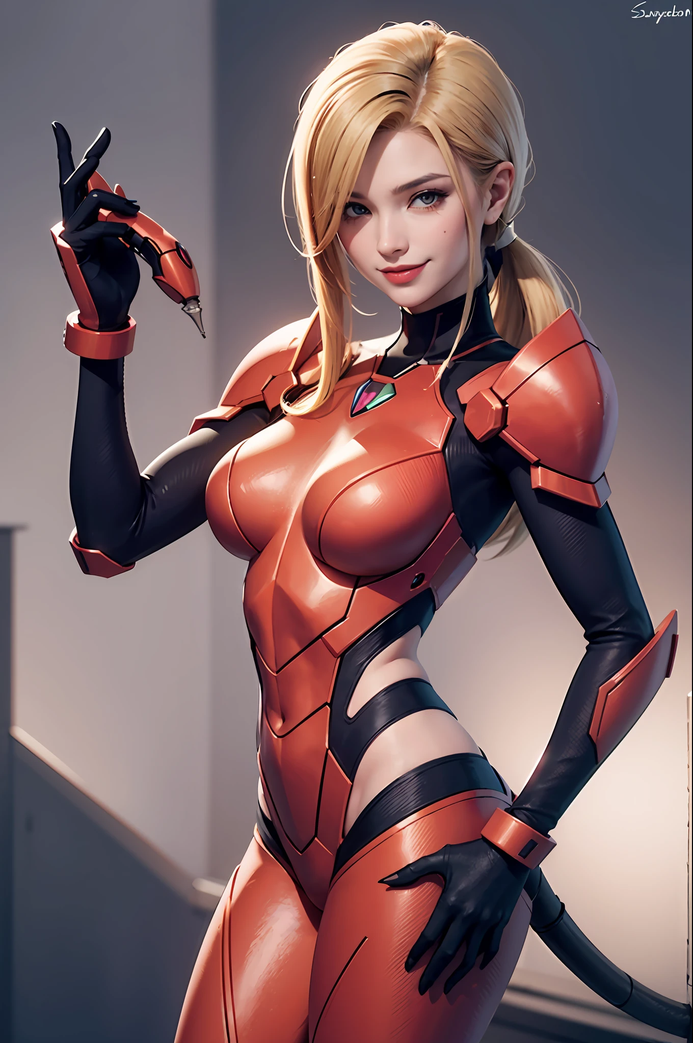 Metroid suit, hot woman, guyver style, bewitching, evil smile, scarabele ploid, bellows tail, cel shade adult animation,