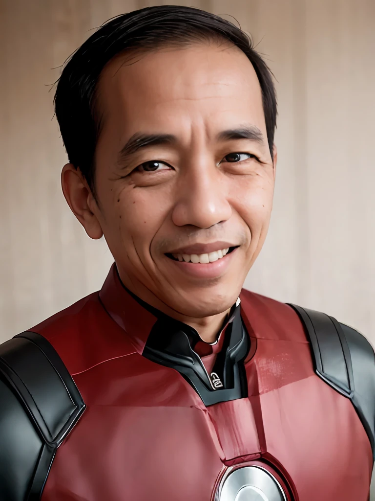 4k, Best quality, masterpiece, ultra high res, beautiful lighting, (realistic, photo-realistic:1.4), realistic background, jokowi, 1man, 50 years old, smiling, ironman open mask, Long shot, wide shot, full shot
