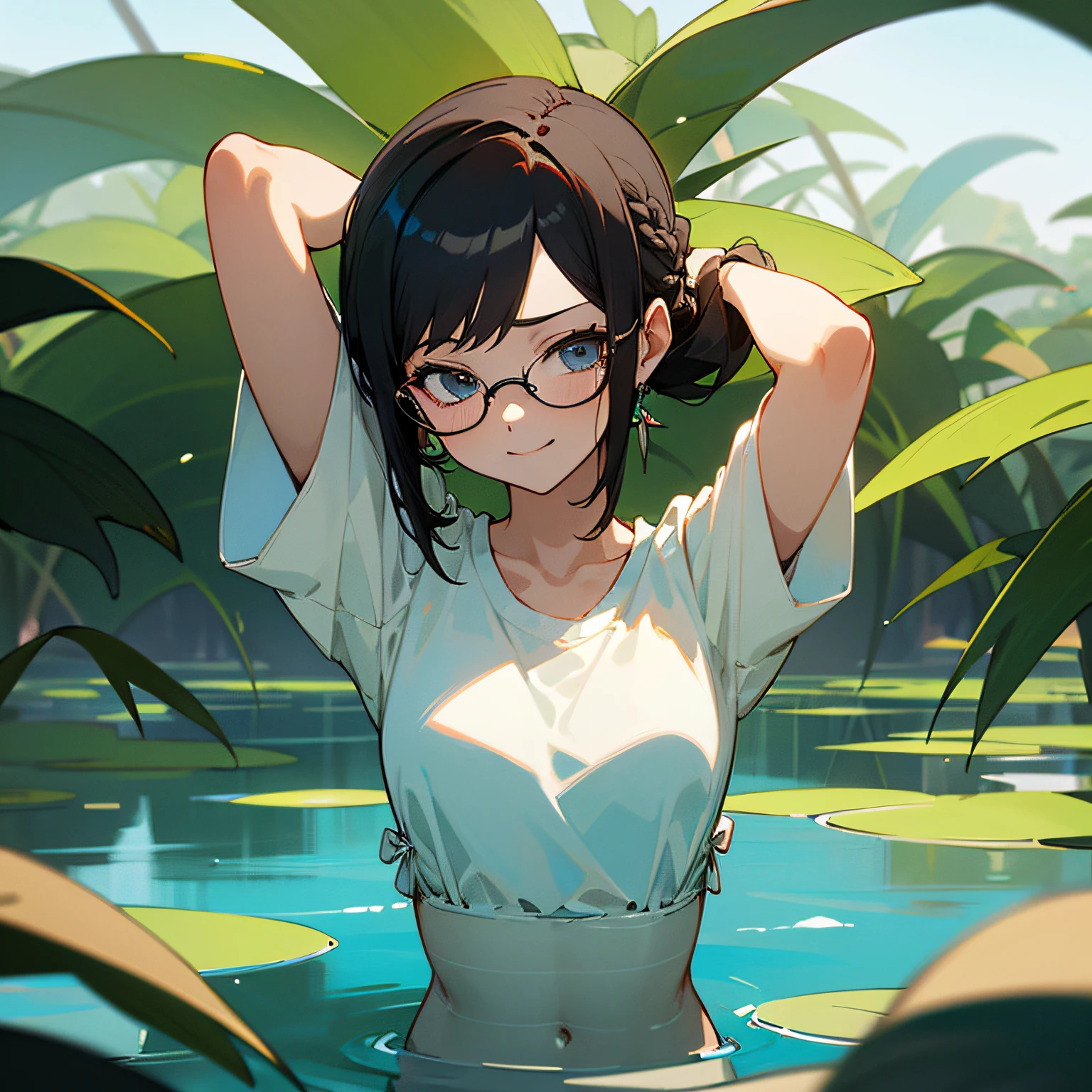 ((((masterpiece)))),
best quality,
anime, a girl,
((((middle parted hairstyle)))),
black hair,
medium hair,
glasses,
transparent swimwear,
arms behind head,
Smirk,
The place is an oasis --auto