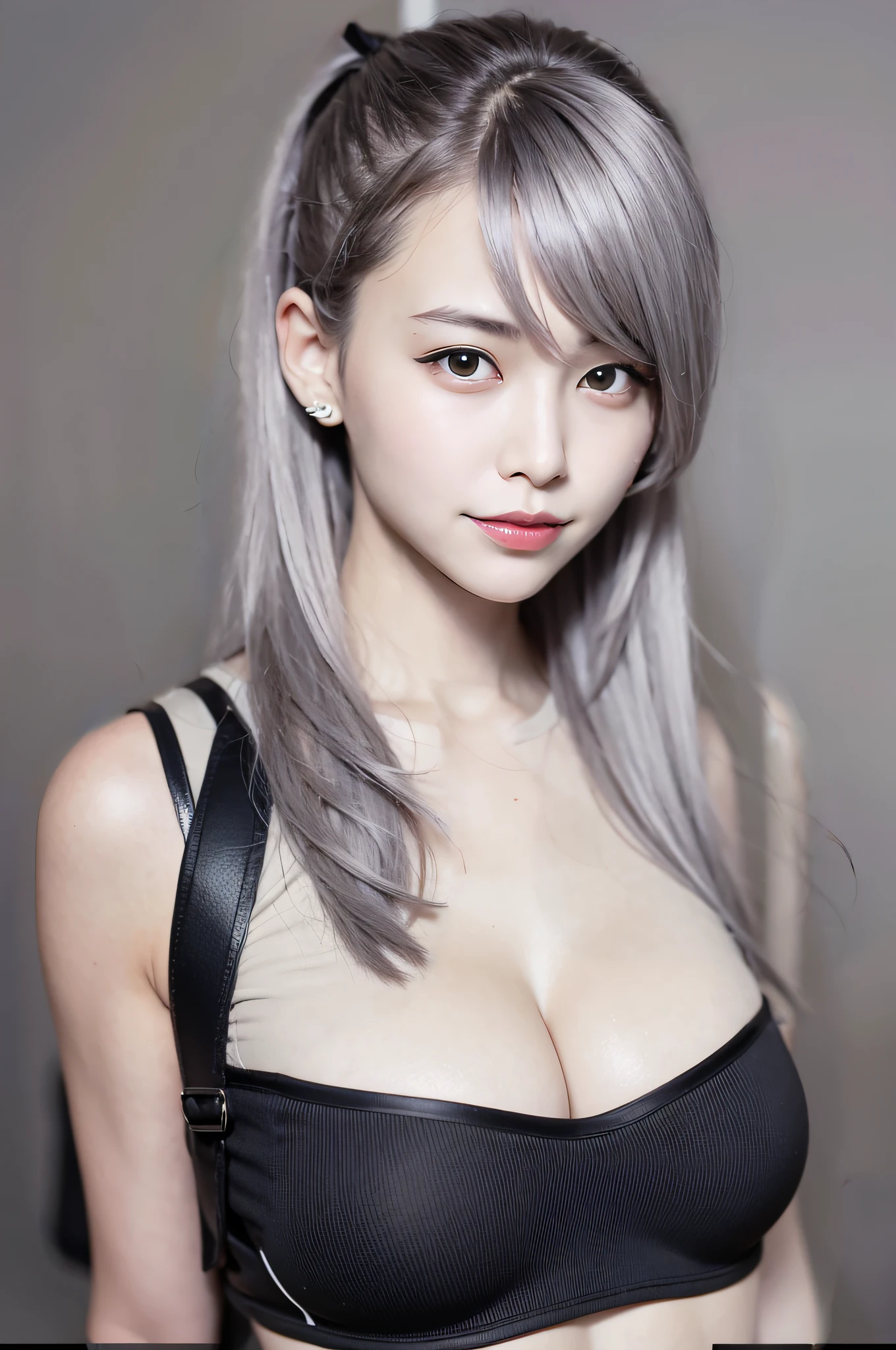 Full gray hair, semi-long hair, ponytail