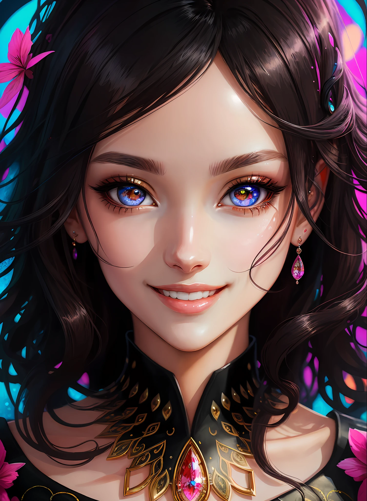 ((Best Quality)), ((Masterpiece)), (Real)), (Detail),Anime Style, (1 woman) Close-up portrait of a woman with black hair, eyes shining as beautiful as pink diamonds, 4K high-definition digital art, stunning digital illustrations, stunning 8K artwork, colorful digital fantasy art, colorful, bright, beautiful digital artwork, Colorful Digital Painting, Digital Anime Art, Portrait of Beautiful Bright Smiling Woman, 8K HD Digital Wallpaper Art, Gorgeous Digital Painting