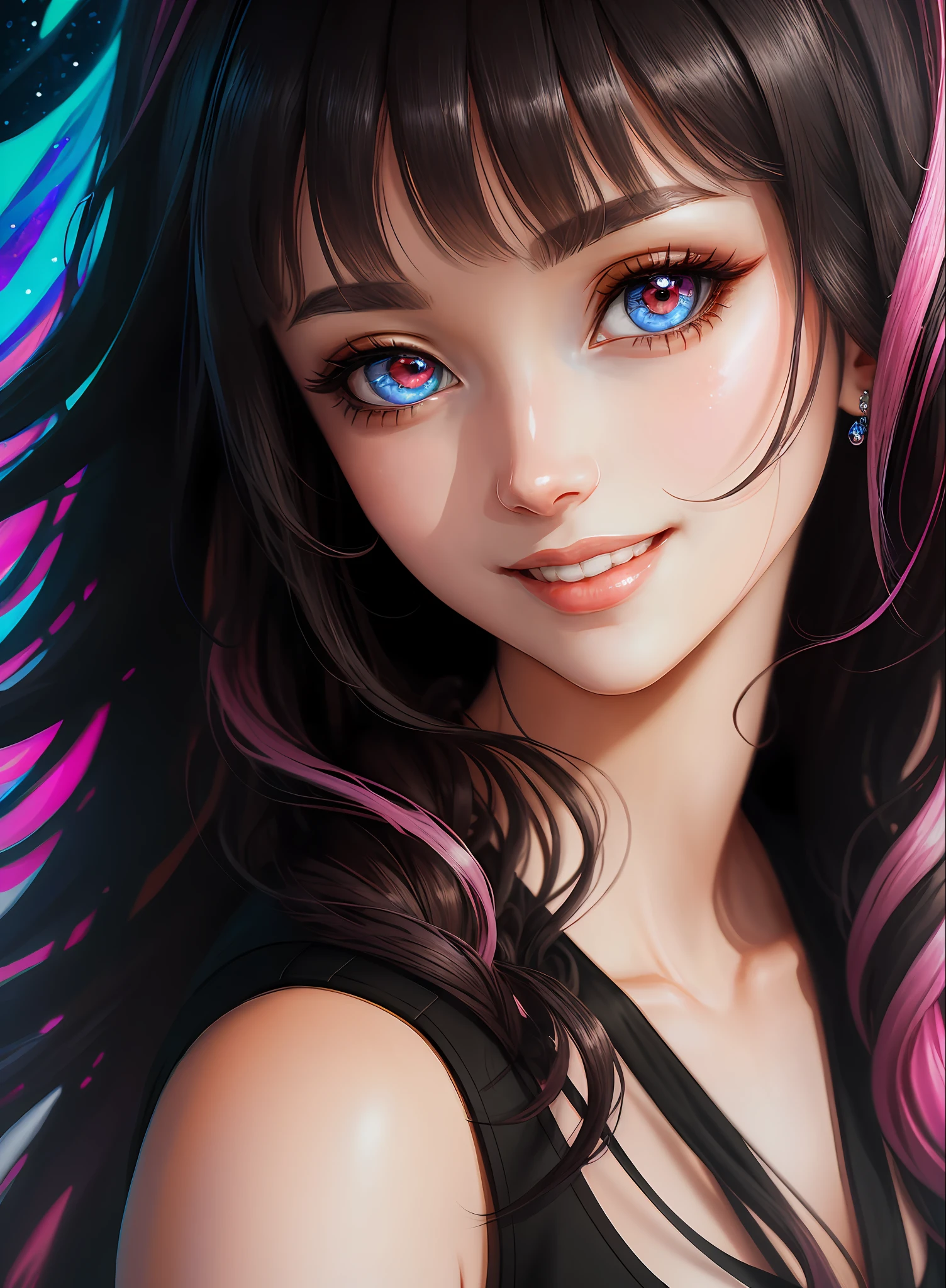 ((Best Quality)), ((Masterpiece)), (Real)), (Detail),Anime Style, (1 woman) Close-up portrait of a woman with black hair, eyes shining as beautiful as pink diamonds, 4K high-definition digital art, stunning digital illustrations, stunning 8K artwork, colorful digital fantasy art, colorful, bright, beautiful digital artwork, Colorful Digital Painting, Digital Anime Art, Portrait of Beautiful Bright Smiling Woman, 8K HD Digital Wallpaper Art, Gorgeous Digital Painting