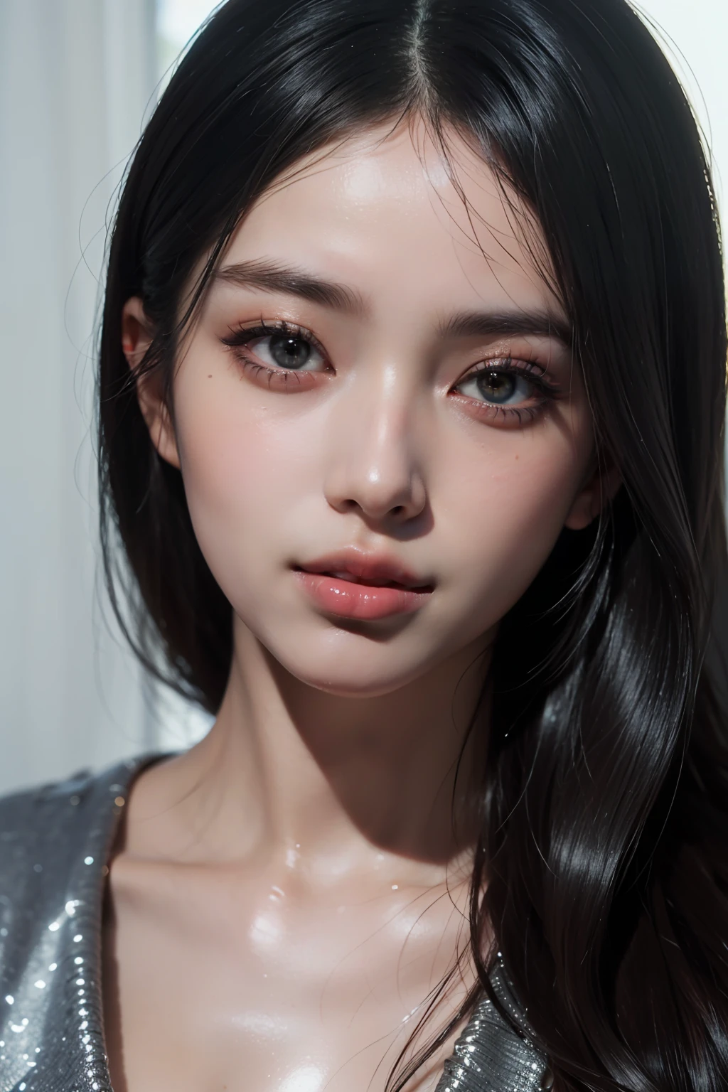 (8k, RAW photo, photorealistic: 1.25), (lip gloss, eyelashes, shiny face, shiny skin, best quality, ultra-high resolution, depth of field, chromatic aberration, caustics, wide range of lighting, Natural shading, Kpop idol) looking at the viewer with a calm and goddess-like happiness,