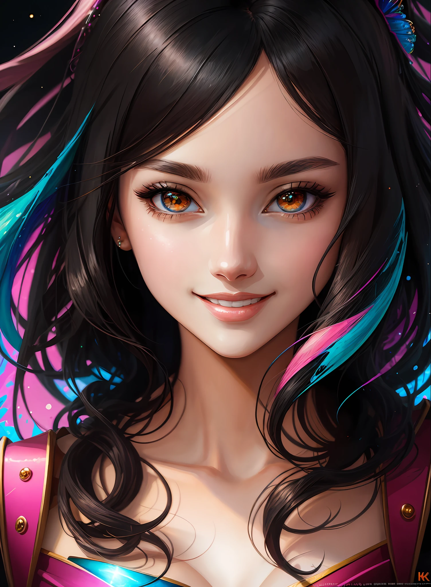 ((Best Quality)), ((Masterpiece)), (Real)), (Detail),Anime Style, (1 woman) Close-up portrait of a woman with black hair, eyes shining as beautiful as pink diamonds, 4K high-definition digital art, stunning digital illustrations, stunning 8K artwork, colorful digital fantasy art, colorful, bright, beautiful digital artwork, Colorful Digital Painting, Digital Anime Art, Portrait of Beautiful Bright Smiling Woman, 8K HD Digital Wallpaper Art, Gorgeous Digital Painting