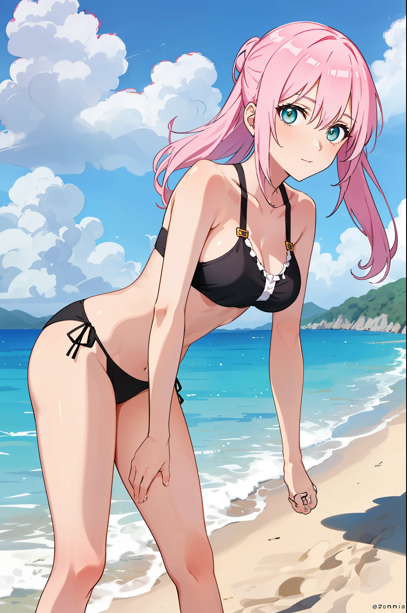 shikimori, medium breast, slim legs, sunny day, Beach, leaning, beautiful eyes, green eyes, nervous