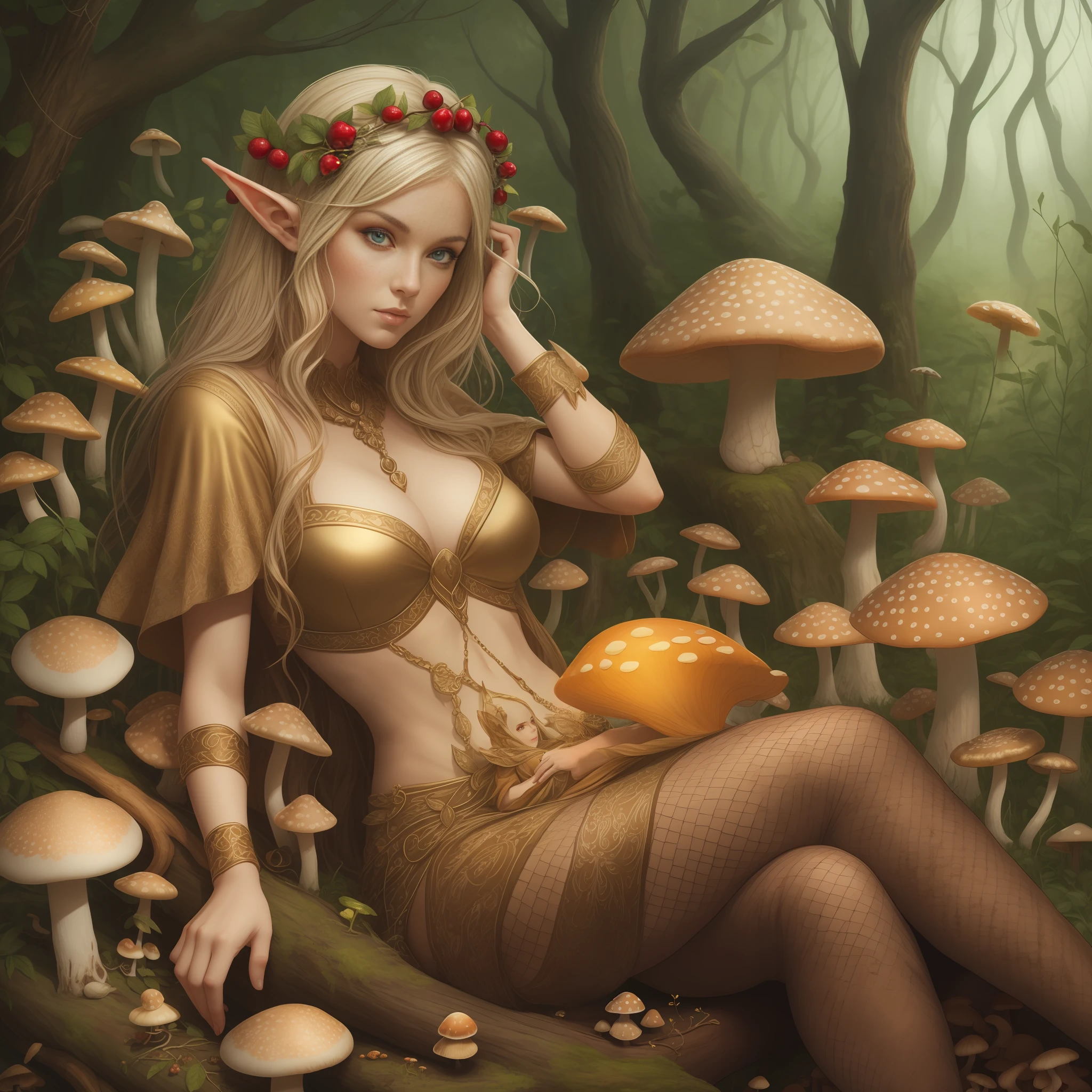 **an elven woman on a log surrounded by mushrooms, in the style of dark orange and light gold, realistic hyper-detailed portraits, fairycore, applecore, mysterious beauty, cranberrycore, otherworldly creatures, craftcore