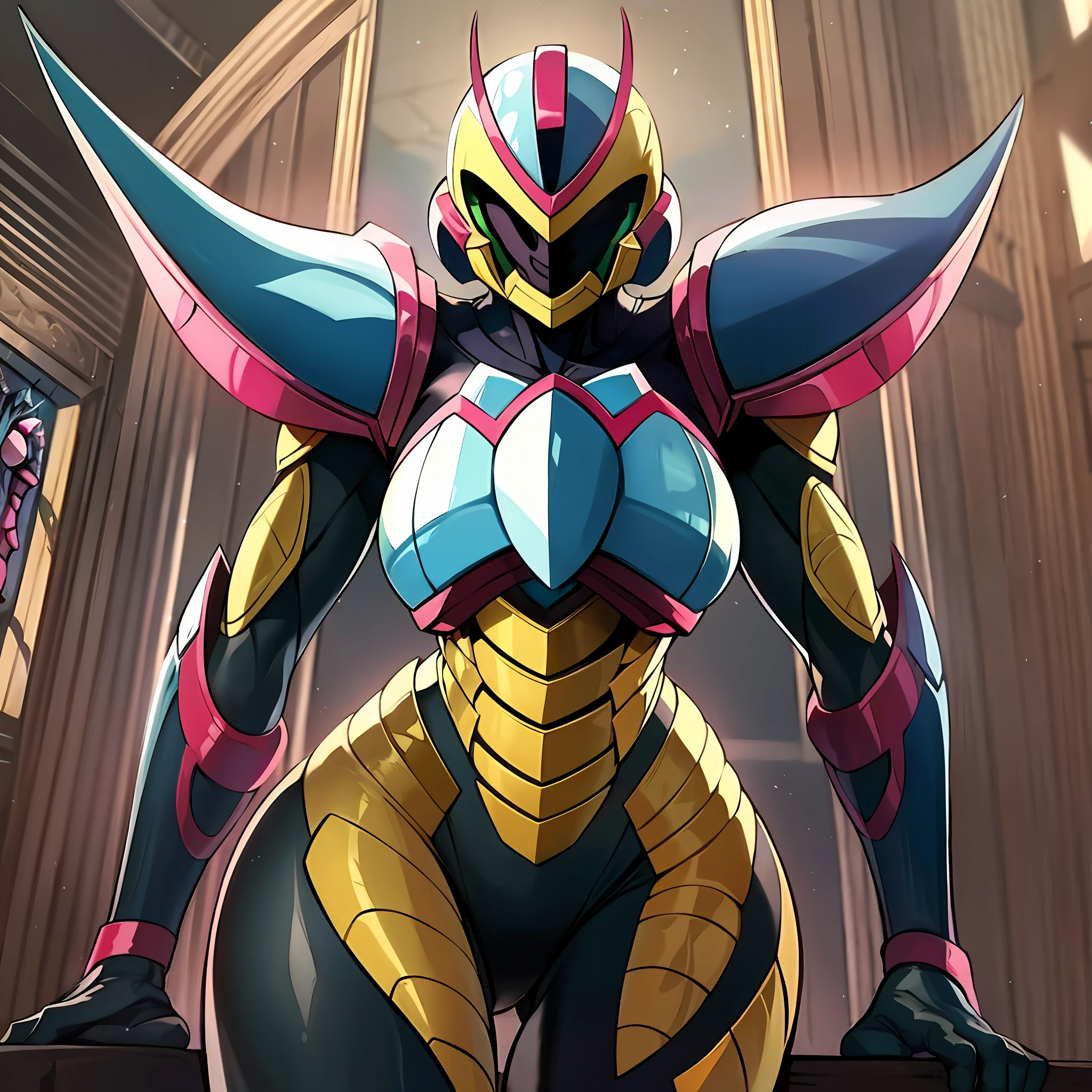 Hot insect shell woman, Guyver style, evil smile, scaraber reploid, bellows tail, cel shade adult animation, alien queen, metroid suit