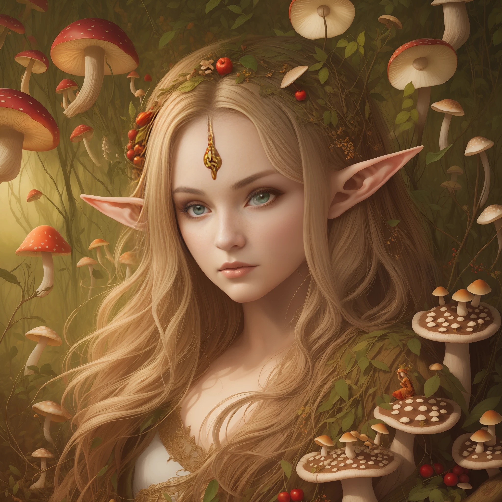 **an elven woman on a log surrounded by mushrooms, in the style of dark orange and light gold, realistic hyper-detailed portraits, fairycore, applecore, mysterious beauty, cranberrycore, otherworldly creatures, craftcore