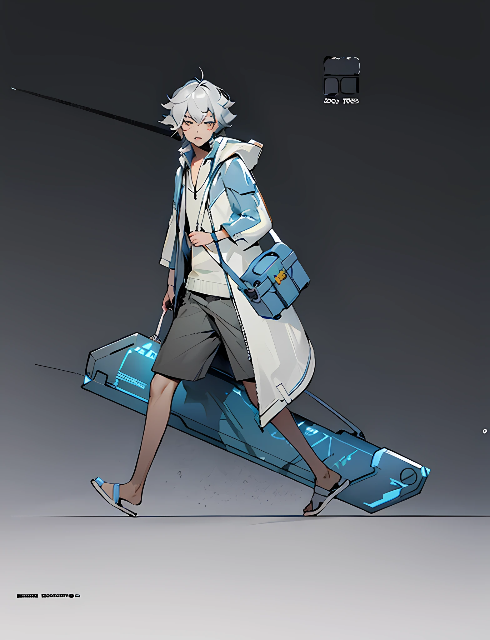 a boy, full body concept, detailed full body concept, ((character concept art)), full body character design, full body character concept, single character full body, detailed full body concept art, transparent coat, silver hair, futuristic technology sense of dressing, tired walking, carrying a satchel,