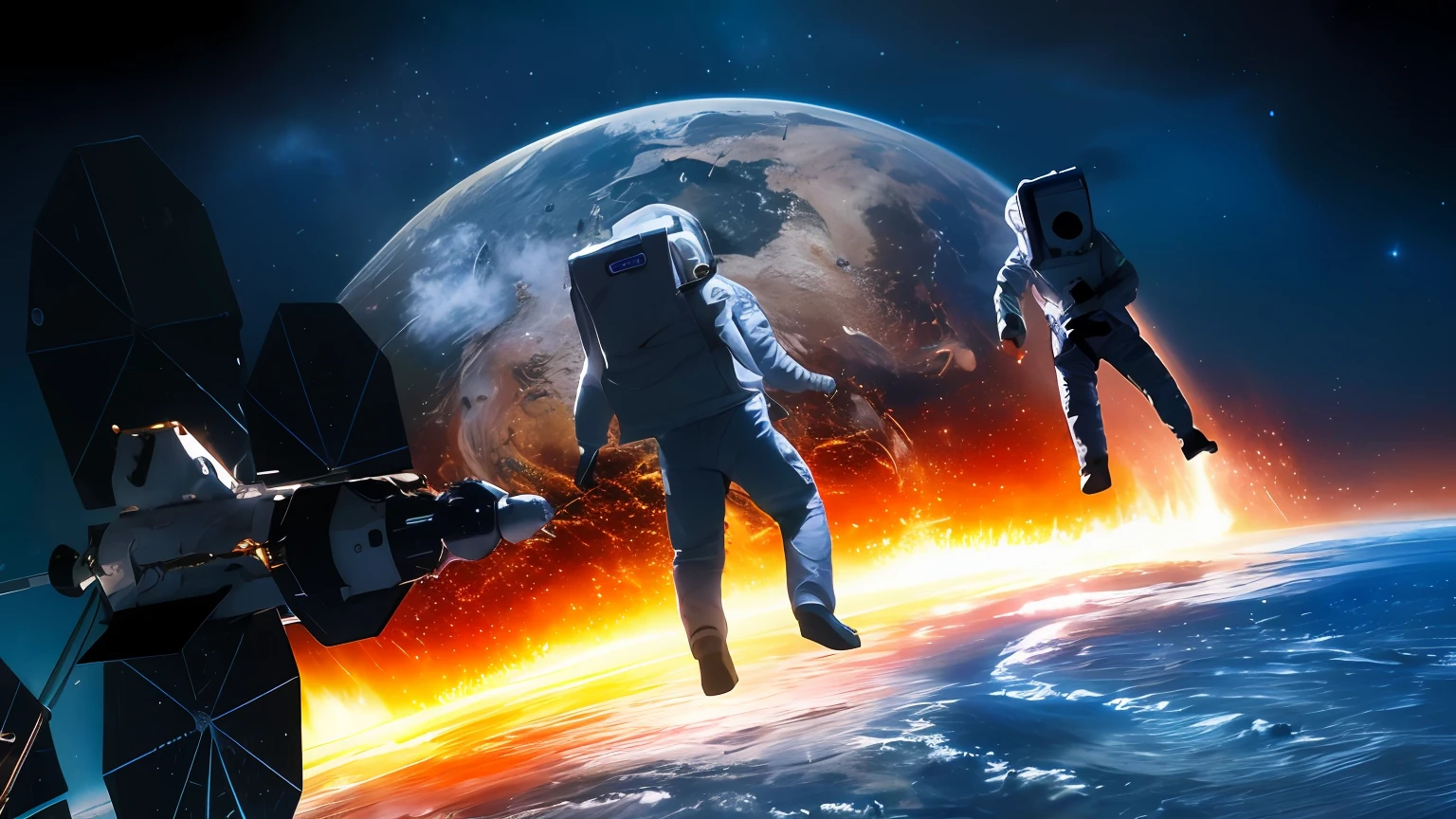 astronauts in outer space with earth in the background, space travel, space walk scene, flying in space, astronaut in space, space tourism, space sci - fi, in space, space walk, of space travel, scene in space, astronauts and space colonies, space photography, space atmosphere, liminal space in outer space, astronauts, space backround, floating in deep space