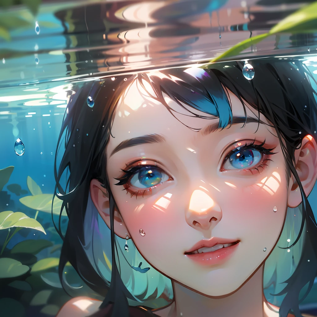 Girl swimming underwater, laughing, colorful colors, surrounded by colorful sea creatures and plants, Kavasi style, masterpiece, realistic ultra-detailed rendering style, hyperrealistic oil painting, head close-up, exaggerated perspective, Tyndall effect, realistic, water drops, mother-of-pearl, iridescent colors, holographic white