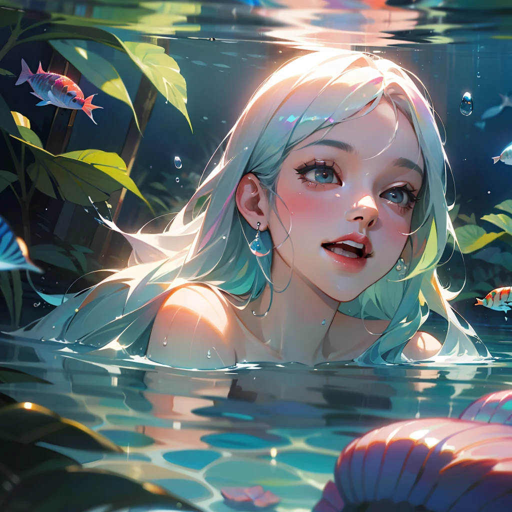 Girl swimming underwater, laughing, colorful colors, surrounded by colorful sea creatures and plants, Kavasi style, masterpiece, realistic ultra-detailed rendering style, hyperrealistic oil painting, head close-up, exaggerated perspective, Tyndall effect, realistic, water drops, mother-of-pearl, iridescent colors, holographic white