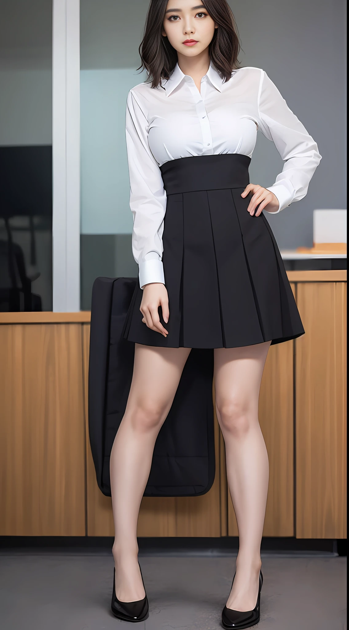 best image quality, 8k, masterpiece, white business shirt, full body photo, focus clear, beauty with outstanding style, highly detailed face and skin texture, detailed eyes, double eyelids, office, full body, short hair, big breasts, see-through, black skirt
