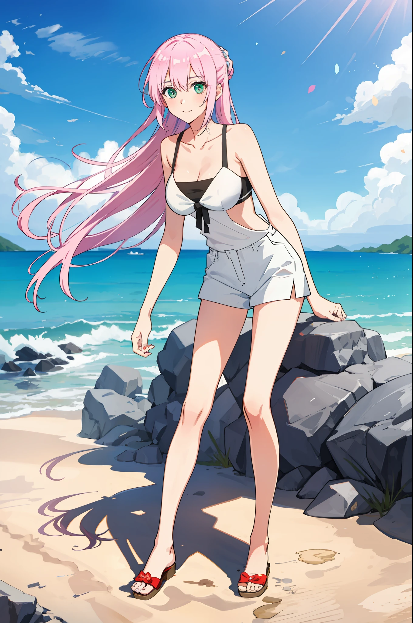 shikimori, medium breast, slim legs, sunny day, Beach, leaning, beautiful eyes, green eyes, nervous
