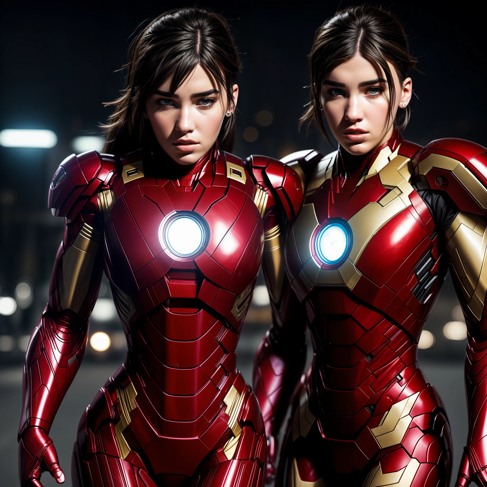 Tarantino style, Dua Lipa as female version Iron Man 8k, high definition, detailed face, detailed face, detailed eyes, detailed suit, Marvel and DC style, hyper-realistic, + cinematic shooting + dynamic composition, incredibly detailed, sharp, details + superb details + night with light + perfectionism + award-winning realism ((grumpy lighting)),(upper body)