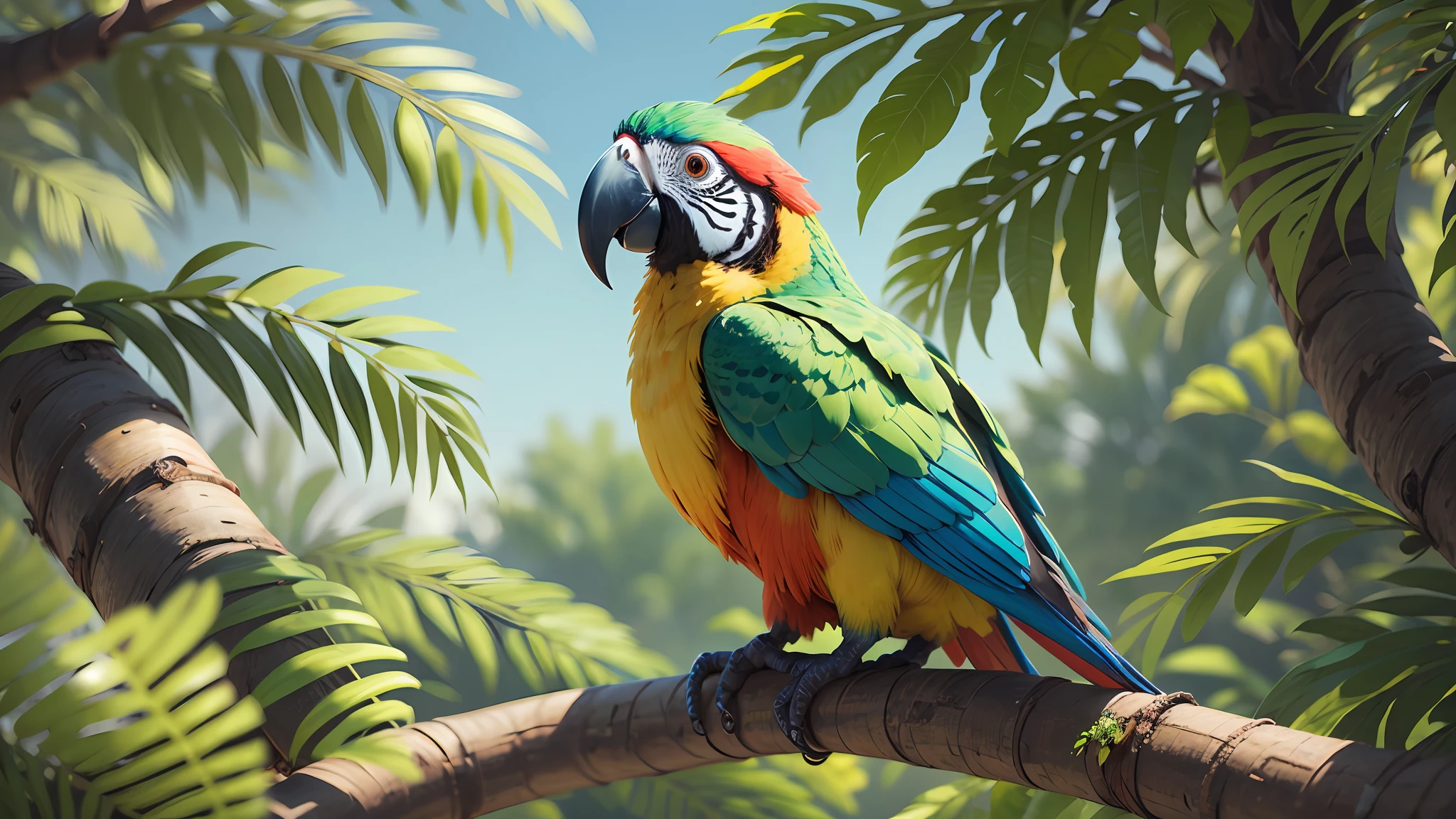 colorful parrot sitting in a tree, on a beautiful day open sky, color HD image, realistic color photography, colorful bird with bristle and red plume, highly detailed digital painting, rich colorful, photorealistic printing of exotic birds, colorful, beautiful and colorful, highly realistic photo, pet bird, multicolored, highly colored ultra realistic,8k --auto --s2