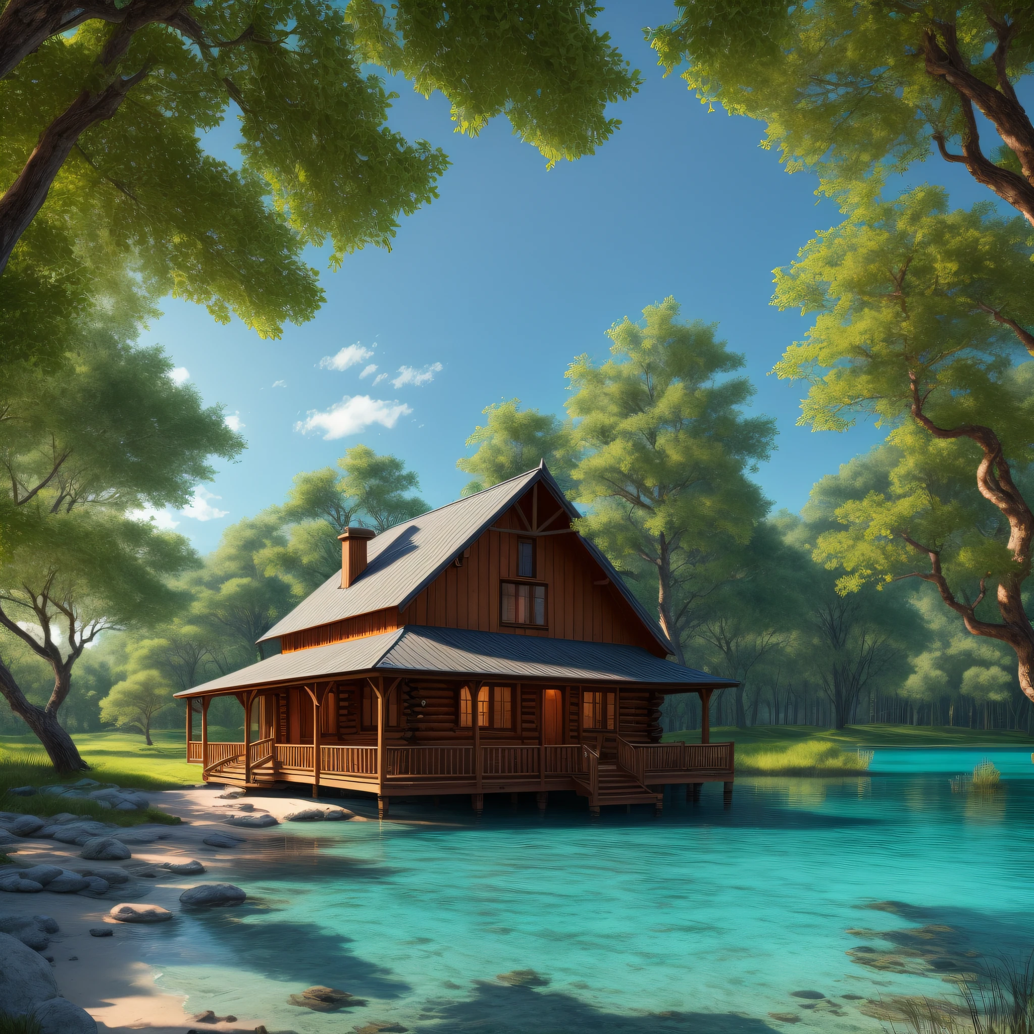A beautiful cabin on the shores of a lake of clear blue waters with fantastic trees and magical creatures. Highly defined details in high resolution and 8K.
