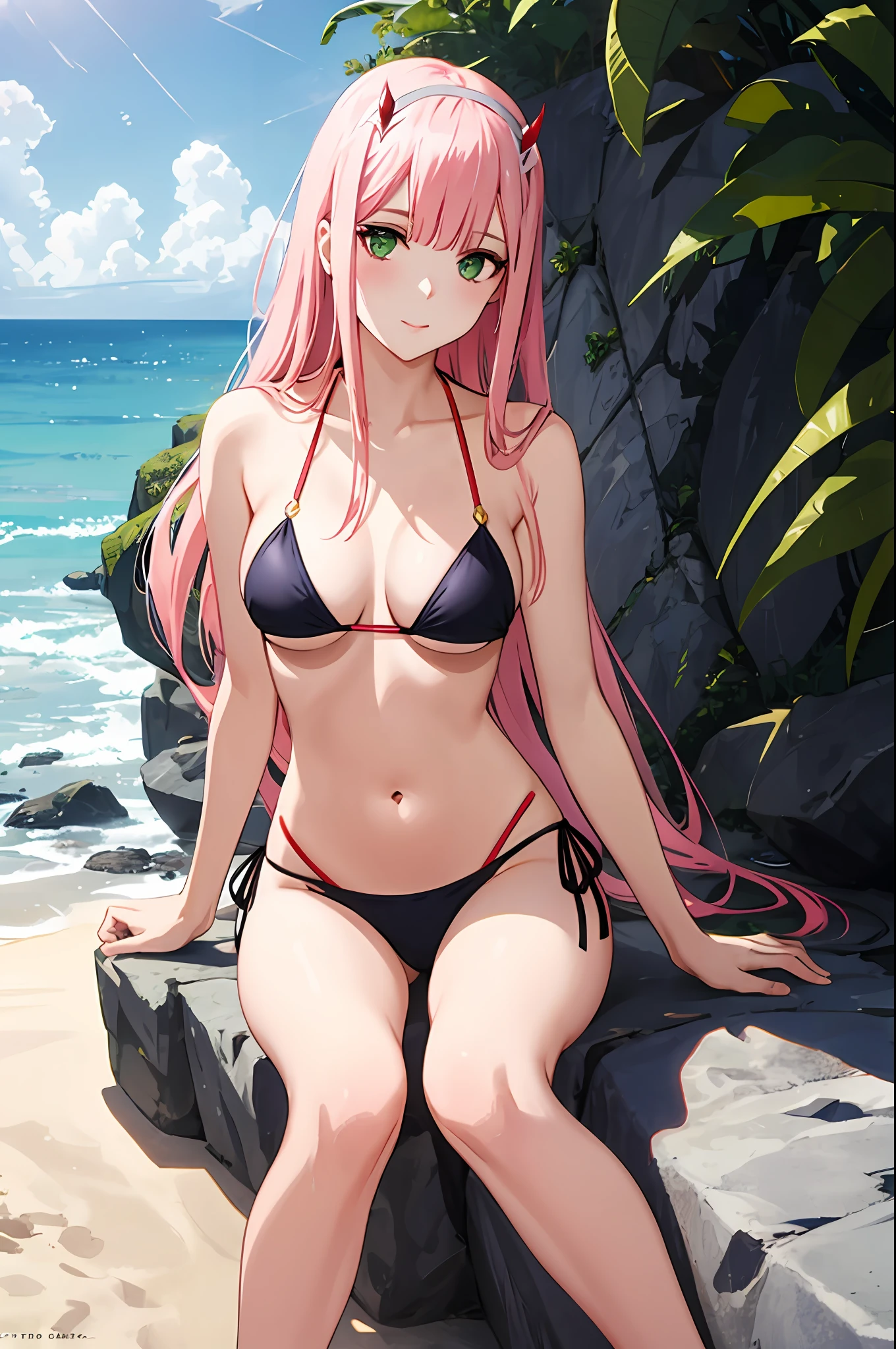 zero two, side tie bikini, medium breast, slim legs, sunny day, Beach, leaning, beautiful eyes, green eyes, nervous