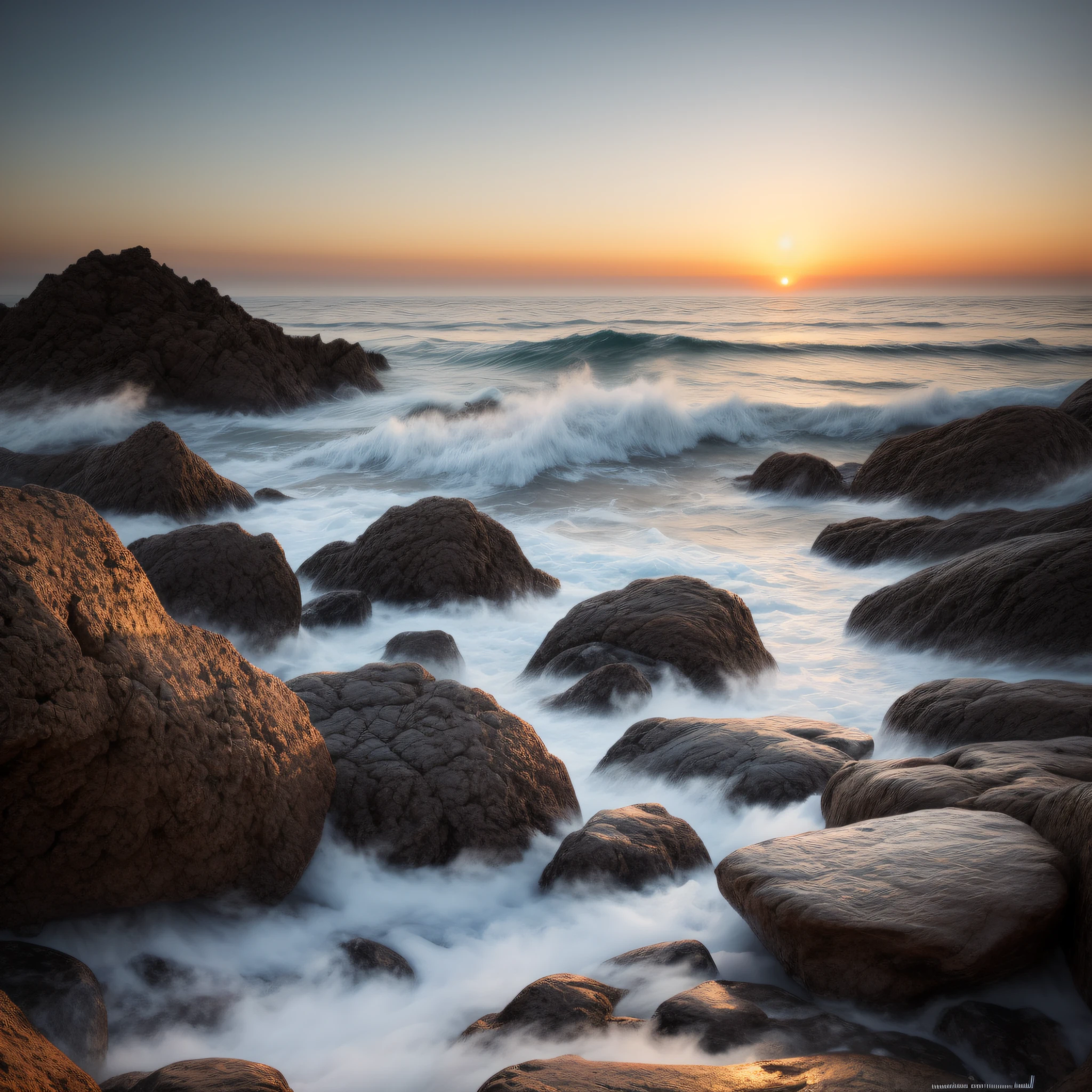 a beautiful seascape sunset with sea fog  with rocks   , master piece , hd , hyperrealist , 8 k