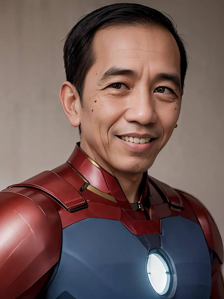 4k, Best quality, masterpiece, ultra high res, beautiful lighting, (realistic, photo-realistic:1.4), realistic background,  jokowi, 1man, 50 years old, smiling, ironman open mask, torso potrait photo, Long shot, wide shot, full shot