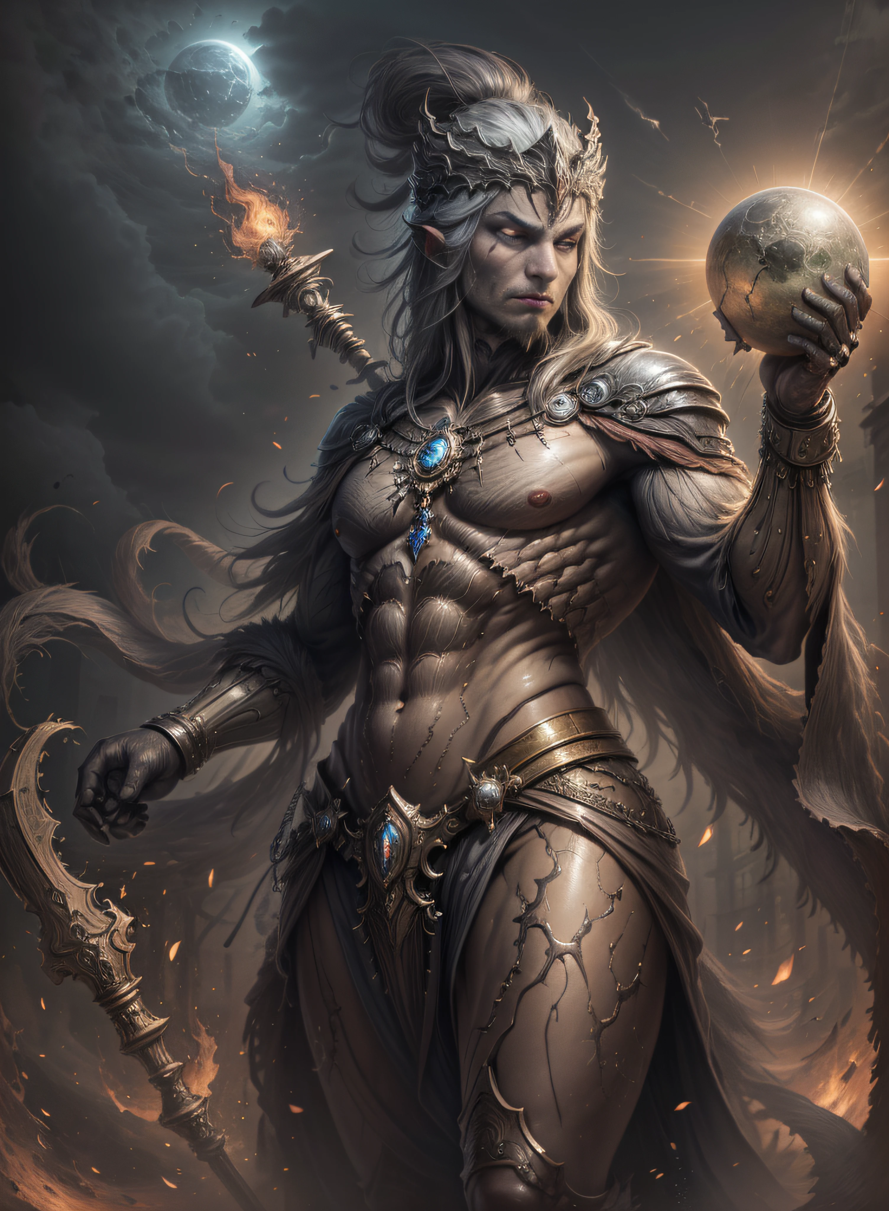 1 demon, emperor of darkness, detailed eyes, detailed face, detailed skin, mature body, tall body, seductive body, whole body, desert BREAK and pyramid bottoms, holding only a holy sun scepter, phoenix dragon in the sky, highly saturating sun rays, holy ceremony, angelic halo, dazzling golden and orange spark around, sacred magic circle, golden crown,  golden majestic lightning, best quality, masterpiece, trend in art station, BREAK, detailed, realistic, highly detailed digital art 8k, octane rendering, bioluminescent, concept art resolution BREAK 8K, realism, by studios Mappa, masterpiece, best quality, official art, illustration, ligne claire, (cool_color), perfect composition, absurdists, fantasy, focused, full body in attack pose, night sky with clouds,  full moon, 8k,