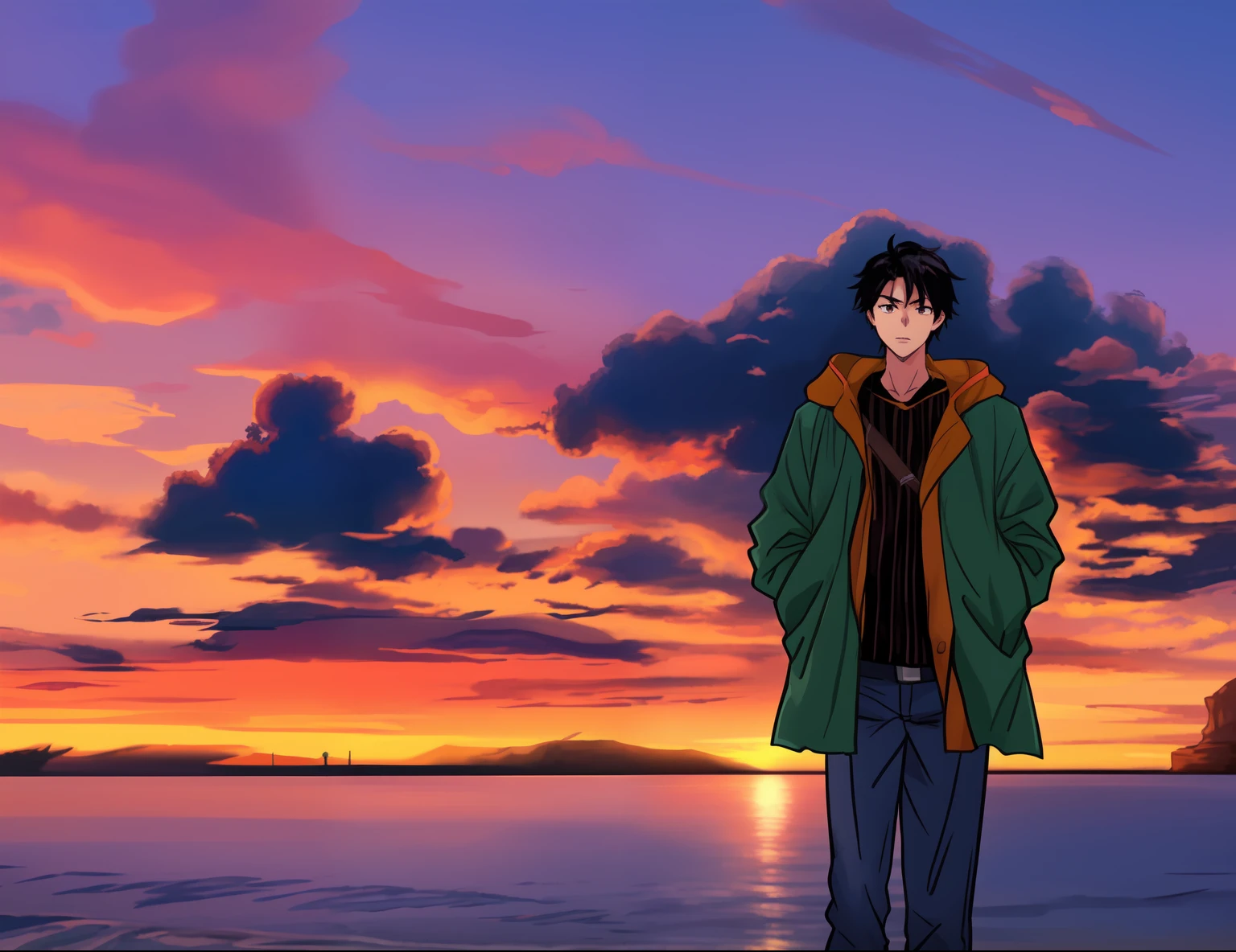 1boy, a anime of a man with black hair, jacket, jeans, focus, beach, rocks, cloud, sunset, evening, building, color manga, manga color, color manga, color manga panel, simple background