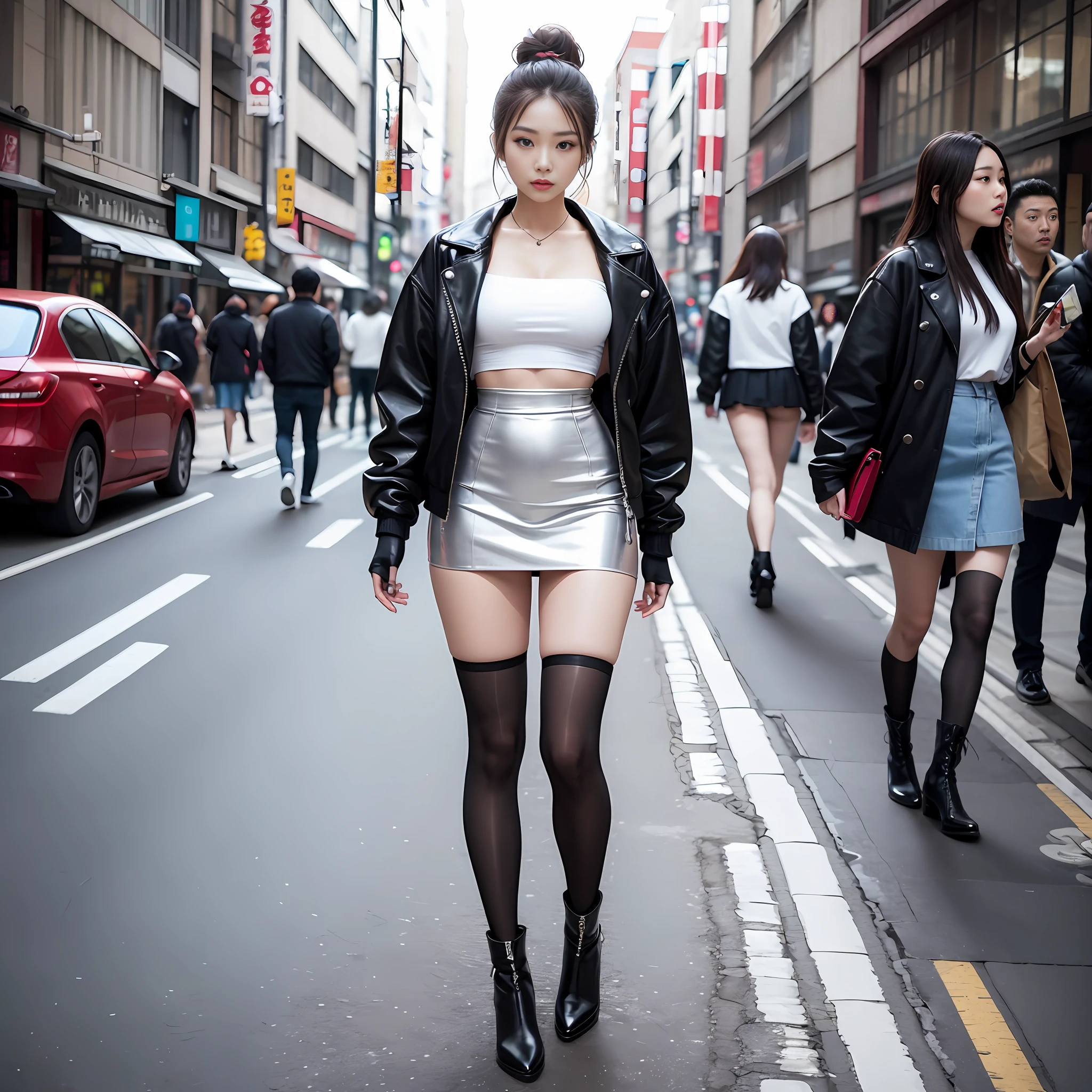 A woman in a white top and black boots standing on the street, Chinese female fashion model, black tights, short skirt and short jacket, Japanese city street fashion, black pink Rosan Park, she wears streetwear, Japanese street fashion, Tokyo fashion, woman in streetwear, jacket and skirt, street fashion, Harajuku street fashion, beautiful woman walking in the wind, black gloves, knee-length red boots, tall, long legs, perfect body proportions, thin waist, tall, slender body, nine-headed body, Big eyes, beautiful and delicate face, perfect body details, perfect body proportions, perfect visual proportions, fashion shooting, glamorous, feminine, delicate, highlighting female curves, subtext: sexy, confident. Chinese woman --auto --s2