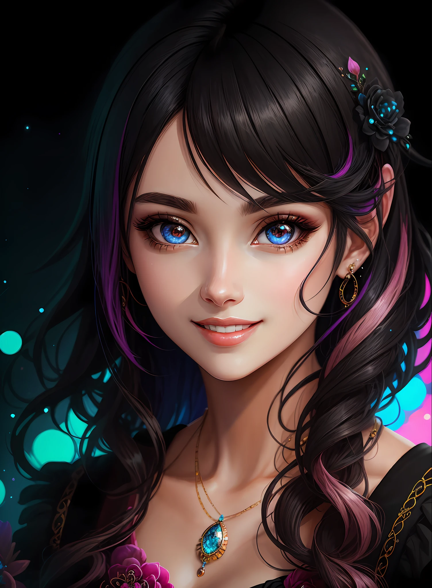 ((Best Quality)), ((Masterpiece)), (Real)), (Detail),Anime Style, (1 woman) Close-up portrait of a woman with black hair, eyes shining as beautiful as pink diamonds, 4K high-definition digital art, stunning digital illustrations, stunning 8K artwork, colorful digital fantasy art, colorful, bright, beautiful digital artwork, Colorful Digital Painting, Digital Anime Art, Portrait of Beautiful Bright Smiling Woman, 8K HD Digital Wallpaper Art, Gorgeous Digital Painting