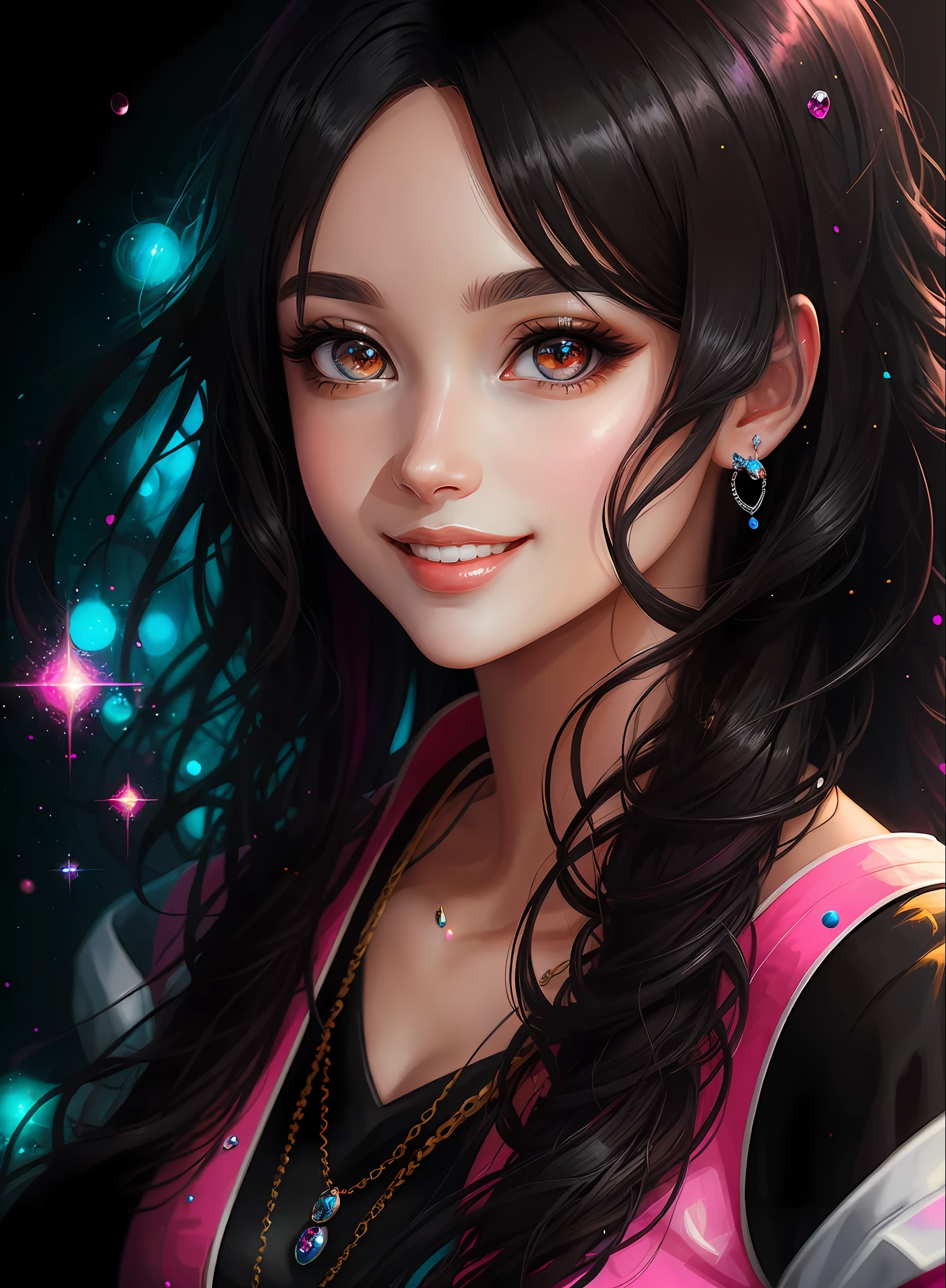 ((Best Quality)), ((Masterpiece)), (Real)), (Detail),Anime Style, (1 woman) Close-up portrait of a woman with black hair, eyes shining as beautiful as pink diamonds, 4K high-definition digital art, stunning digital illustrations, stunning 8K artwork, colorful digital fantasy art, colorful, bright, beautiful digital artwork, Colorful Digital Painting, Digital Anime Art, Portrait of Beautiful Bright Smiling Woman, 8K HD Digital Wallpaper Art, Gorgeous Digital Painting