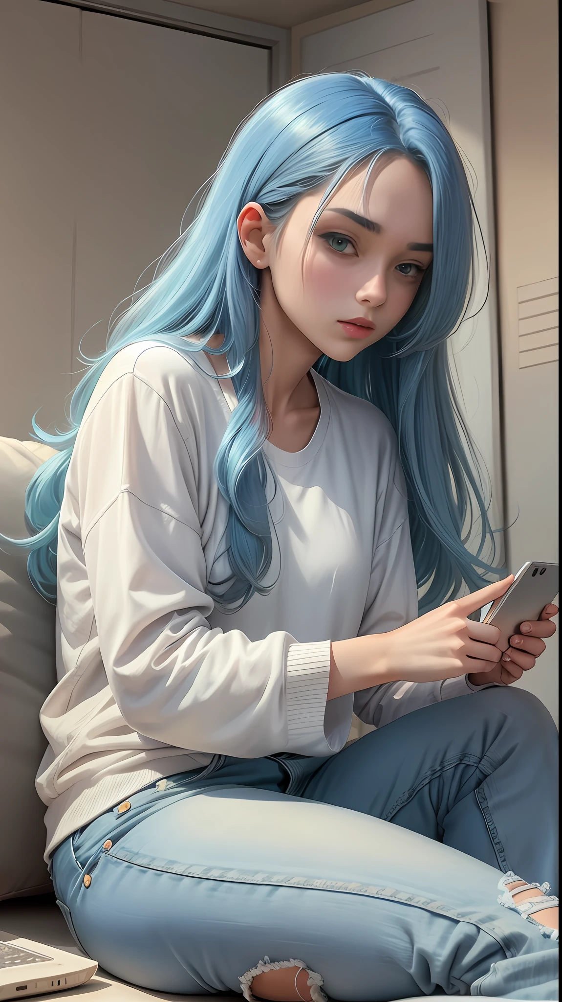 1Girl with long blue hair with ponytail style hairstyle, with a fringe half moon, fringe colored with gradient shades of orange with yellow to green, sitting in a room of anime fan girl, warm lighting, wearing a red coat, blurred foreground.