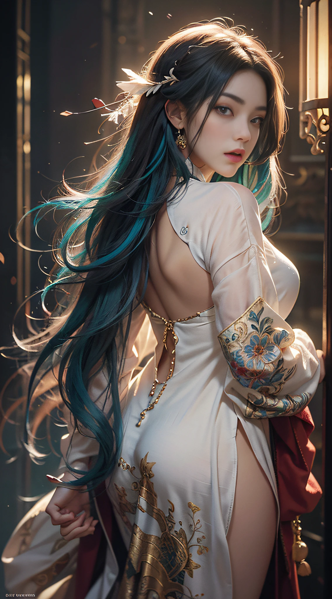 High quality, masterpiece, masterpiece, exquisite facial features, delicate hair, 1 Girl,delicate eyes, delicate colored hair, 4K picture quality, gorgeous light and shadow, full_shot,(from_back), Tyndall effect, halo, messy hair, youthful state, gorgeous scenes, exquisite clothes, chains, feathers, ancient Chinese beauty with big eyes very detailed, digital painting, art station, concept art, sharp focus, illustration, art by Greg Rutkowski and Alphonse Mucha and Viktor Ngay
