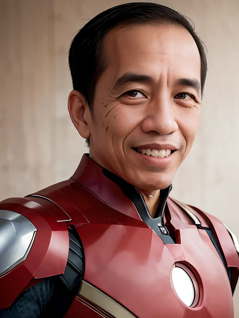 4k, Best quality, masterpiece, ultra high res, beautiful lighting, (realistic, photo-realistic:1.4), realistic background, jokowi, 1man, 50 years old, smiling, ironman open mask, full torso potrait photo, Long shot, wide shot, full shot