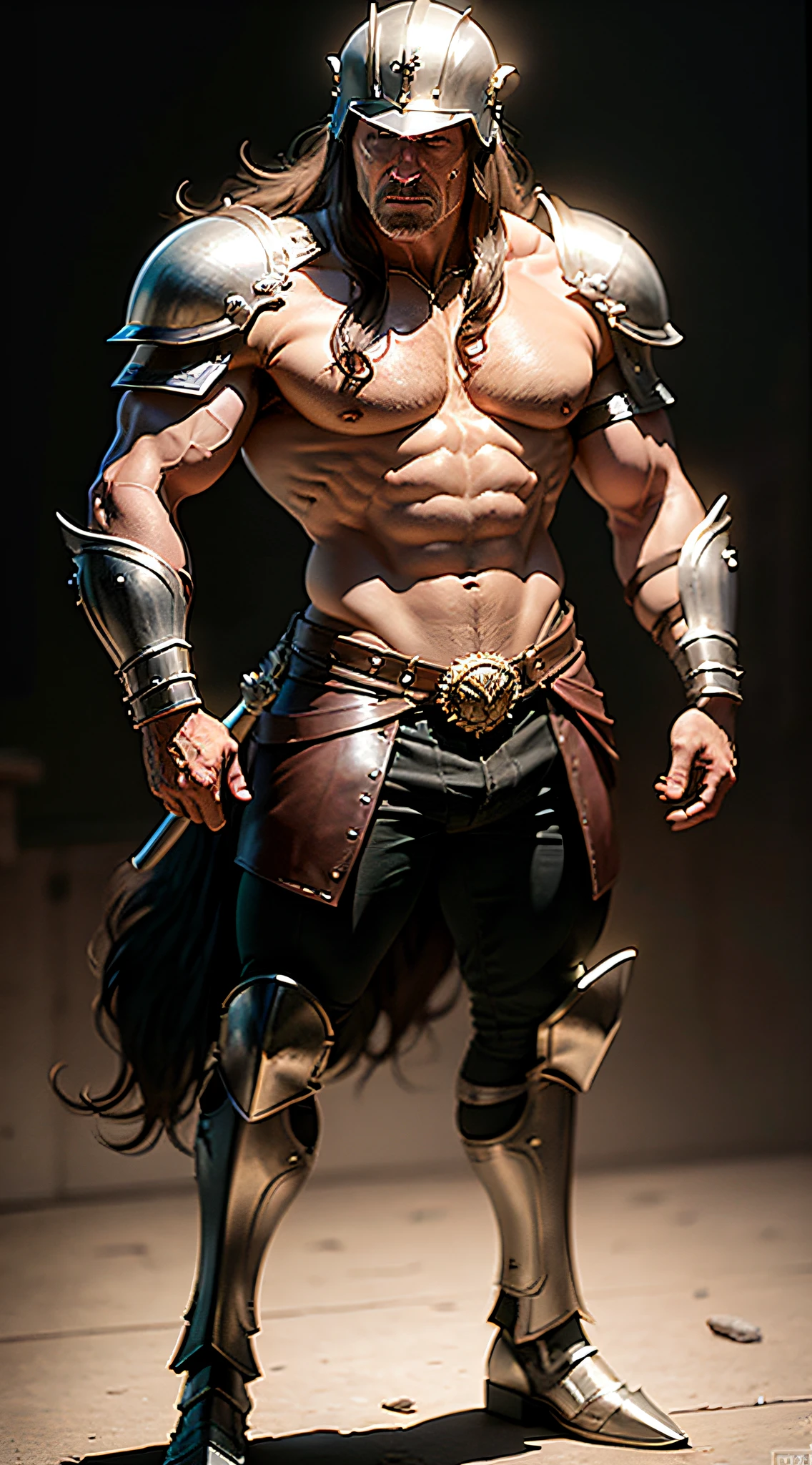 Arnold Schwarzenegger as Conan the Barbarian wearing a metal helmet and armor standing before a simple backdrop in the style of D14bl0, realistic-auto. --auto