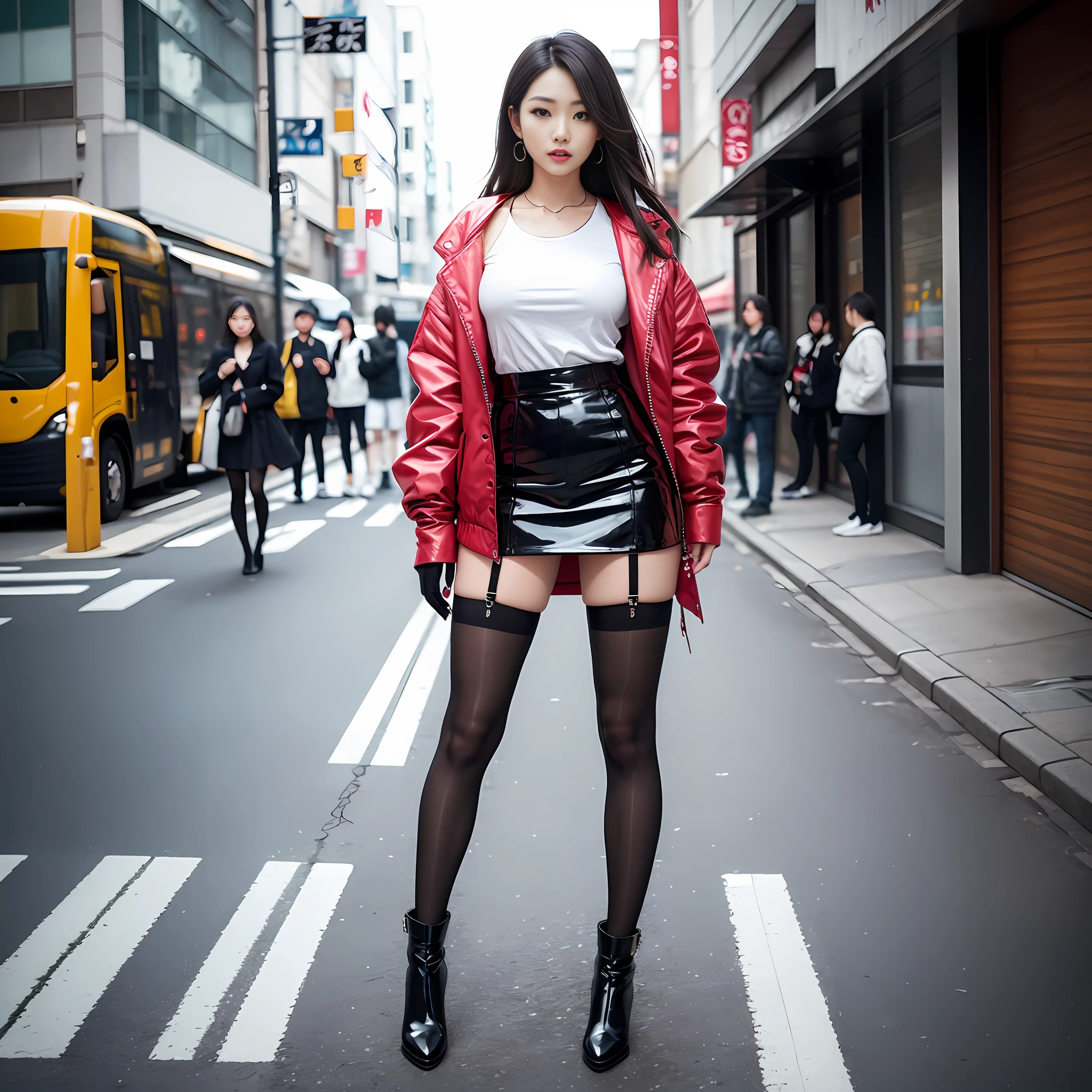 A woman in a white top and black boots standing on the street, Chinese female fashion model, black tights, short skirt and short jacket, Japanese city street fashion, black pink Rosan Park, she wears streetwear, Japanese street fashion, Tokyo fashion, woman in streetwear, jacket and skirt, street fashion, Harajuku street fashion, beautiful woman walking in the wind, black gloves, over-the-knee red boots, tall, long legs, perfect body proportions, thin waist, black suspender stockings, tall, Slender body, nine-headed body, big eyes, beautiful and exquisite face, perfect body details, perfect body proportions, perfect visual proportions, fashion shooting, glamorous, feminine, delicate, highlighting female curves, subtext: sexy, confident. Chinese woman --auto --s2