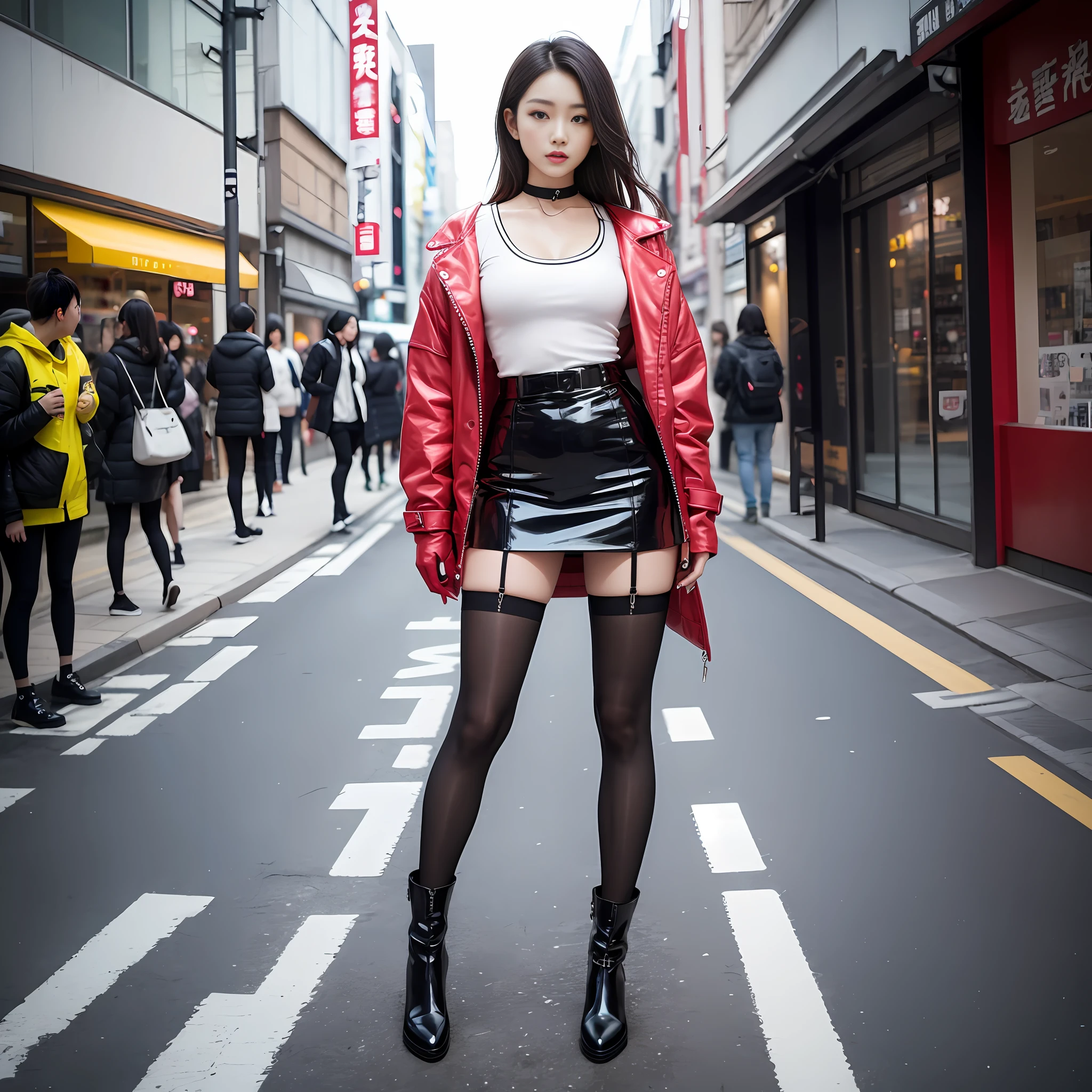 A woman in a white top and black boots standing on the street, Chinese female fashion model, black tights, short skirt and short jacket, Japanese city street fashion, black pink Rosan Park, she wears streetwear, Japanese street fashion, Tokyo fashion, woman in streetwear, jacket and skirt, street fashion, Harajuku street fashion, beautiful woman walking in the wind, black gloves, over-the-knee red boots, tall, long legs, perfect body proportions, thin waist, black suspender stockings, tall, Slender body, nine-headed body, big eyes, beautiful and exquisite face, perfect body details, perfect body proportions, perfect visual proportions, fashion shooting, glamorous, feminine, delicate, highlighting female curves, subtext: sexy, confident. Chinese woman --auto --s2