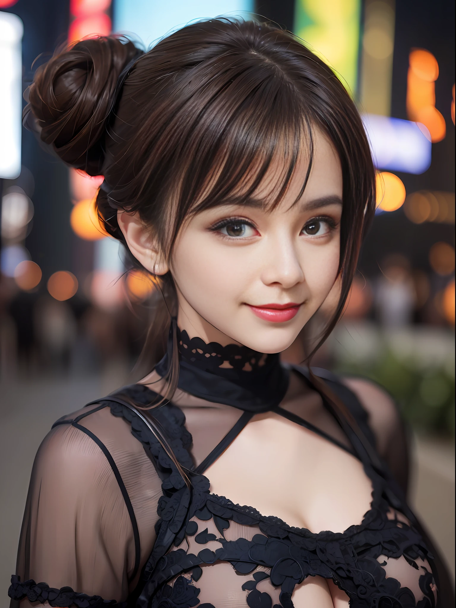 (realistic, photo-realistic:1.37), (masterpiece), (best quality:1.4), (ultra high res:1.2),(RAW photo:1.2), (sharp focus:1.3), (face focus:1.2), elegant, classy, (upper body:1.2), (1girl:1.3), extremely cute and beautiful, (cleavage cut-out gothic dressi:1.3), (sexy model), professionattire, (33yo:1.1), (light grin smile:1.3), (shiny-brown hair:1.3), [bun-head hair style], BREAK, (large breast:1.15), scenery, (detailed Times Square Garden Midnight Street background:1.2), bangs, beautiful detailed eyes, looking at viewer, (extremely cute and beautiful), (no makeup), clean face, breathing, perfect anatomy, perfect proportion, detailed human body, at midnight, centered image, symmetry, seductive model posing,