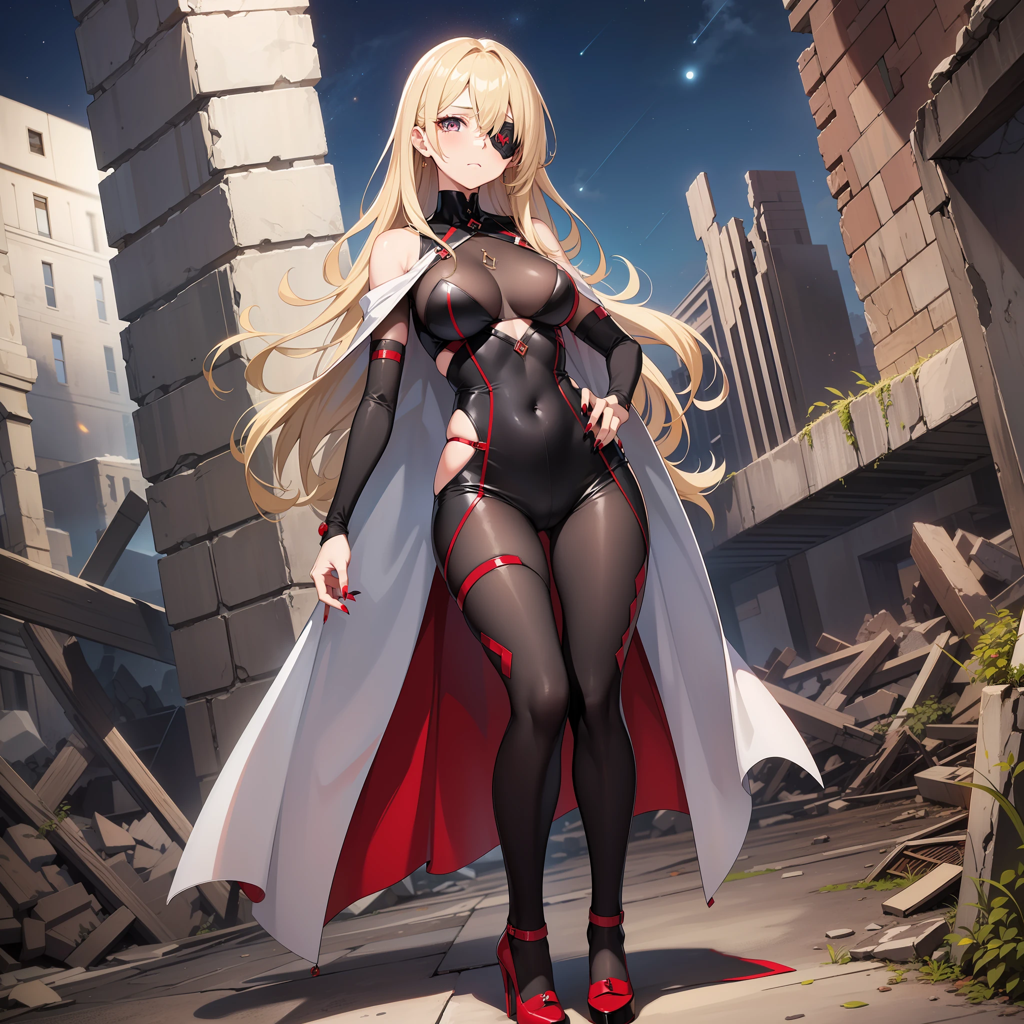 Age 30 years woman, Long blonde hair with pin doll, Wearing left eye patch, wearing a black red white bodysuit with cloak, high heels, red nails and eyes, sswing On the ruins, looking at viewer, sad, best quality, masterpiece, HD, Full Body, beautiful face, Night sky, variation angle