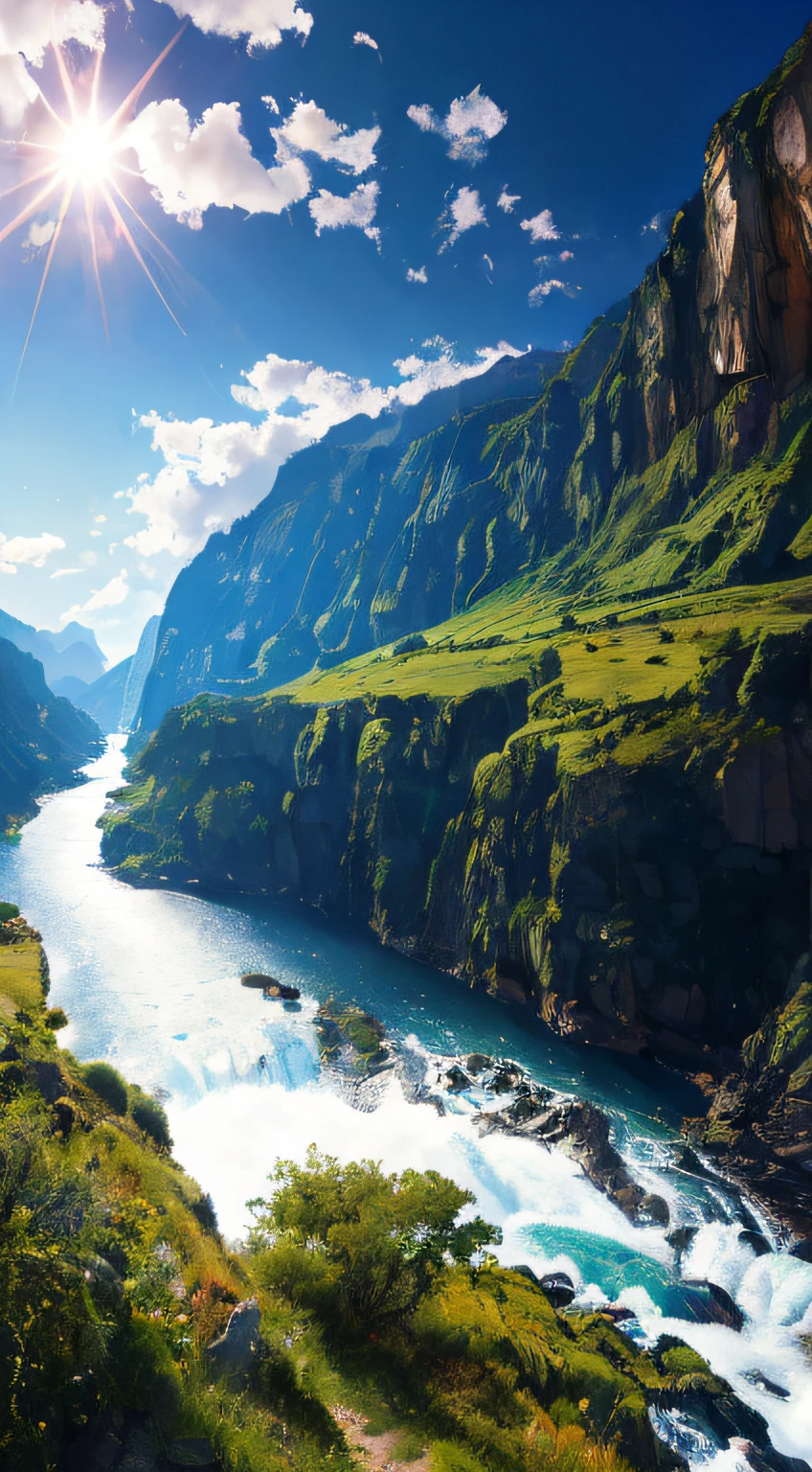 Masterpiece, ultimate quality, Cg unity 8k wallpaper, super delicate, beautiful sky and clouds, rich natural scenery, cliffs, lakes and rivers, waterfalls and flying water, beautiful green mountains, no trace of people, excellent scenery, has already won a photo contest, background Blurring, full depth of field, HDR high dynamics, true restoration, intricate, extreme details, dramatic presentation, perfectly presenting the style of midjourney art. --auto