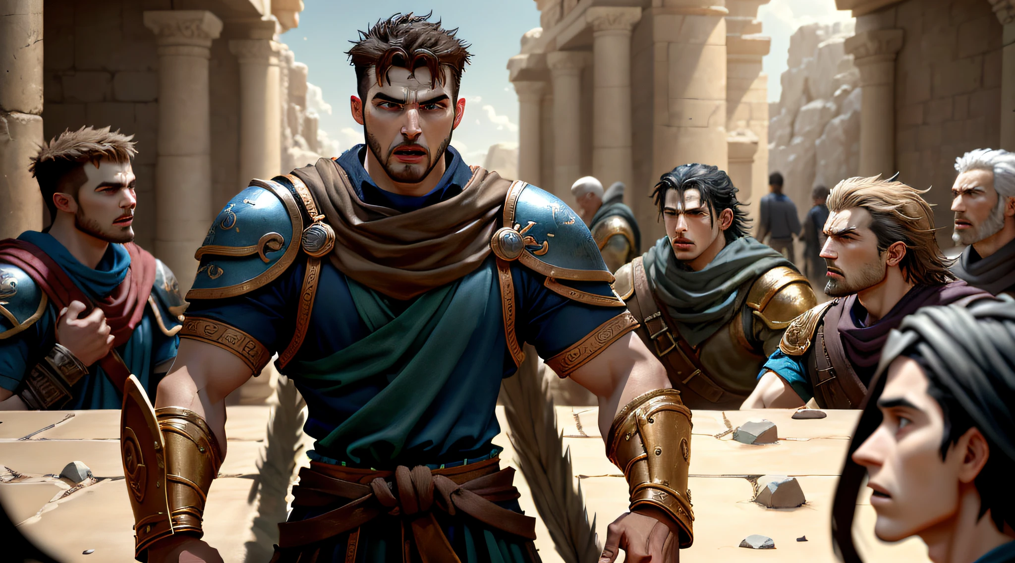 An artistic depiction of Jacob conversing with Laban's sons, with facial expressions charged with tension and conflict with clothing, features and scenes from biblical times, all at least 30 years old, high resolution image,4k,8k, ultrarealistic