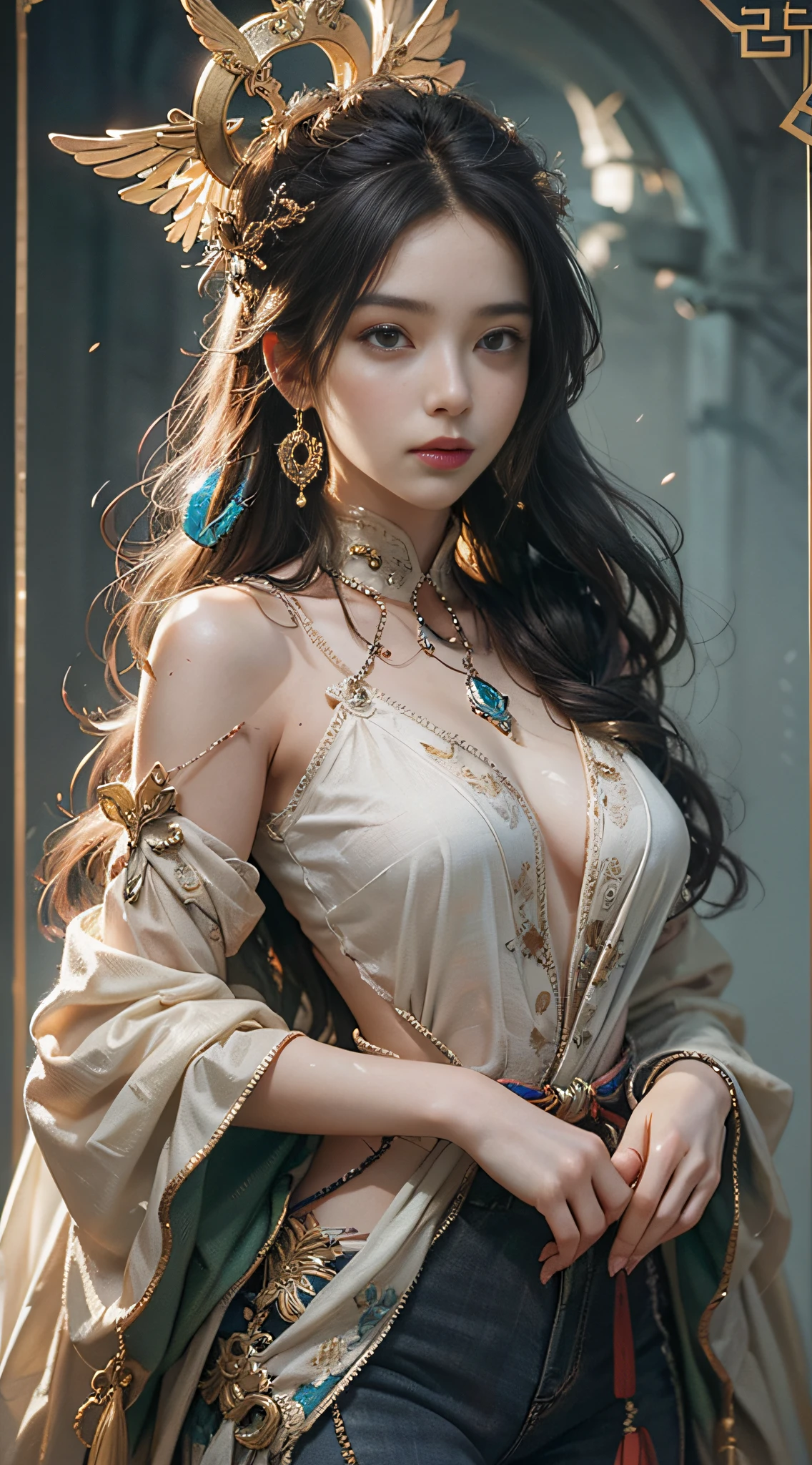 High quality, masterpiece, masterpiece, delicate facial features, delicate hair, 1 girl, delicate eyes, delicate colored hair, 4K quality, gorgeous light and shadow, (pov_crotch), Tyndall effect, halo, messy hair, youthful state, gorgeous scene, exquisite clothes, chains, feathers, ancient Chinese beauty with big eyes very detailed, digital painting, art station, concept art, sharp focus, illustrations, Greg Rutkowski, Alphonse Mucha and Viktor Engay's artwork