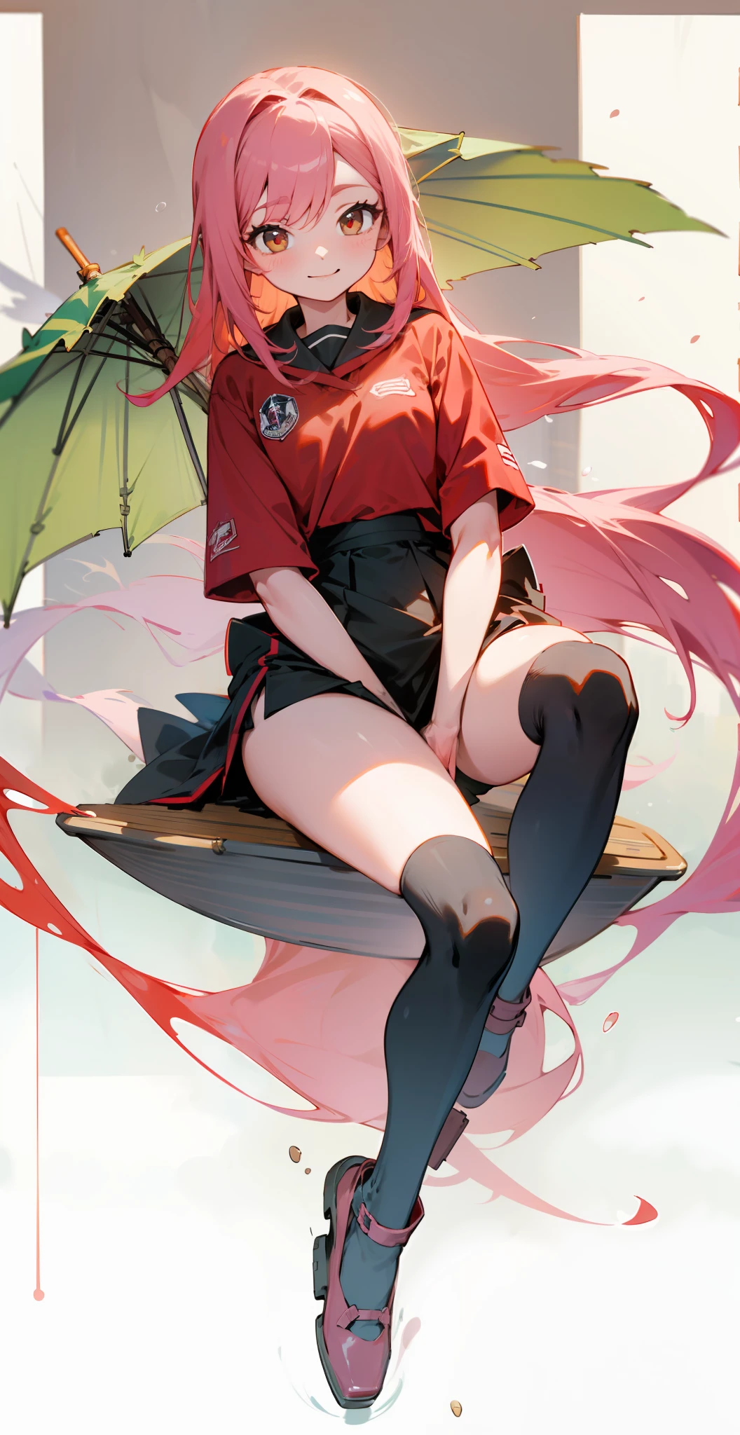 One sitting on a boat in the water, sweet smile, long pink hair, red wings, short skirt, black stockings, thin legs