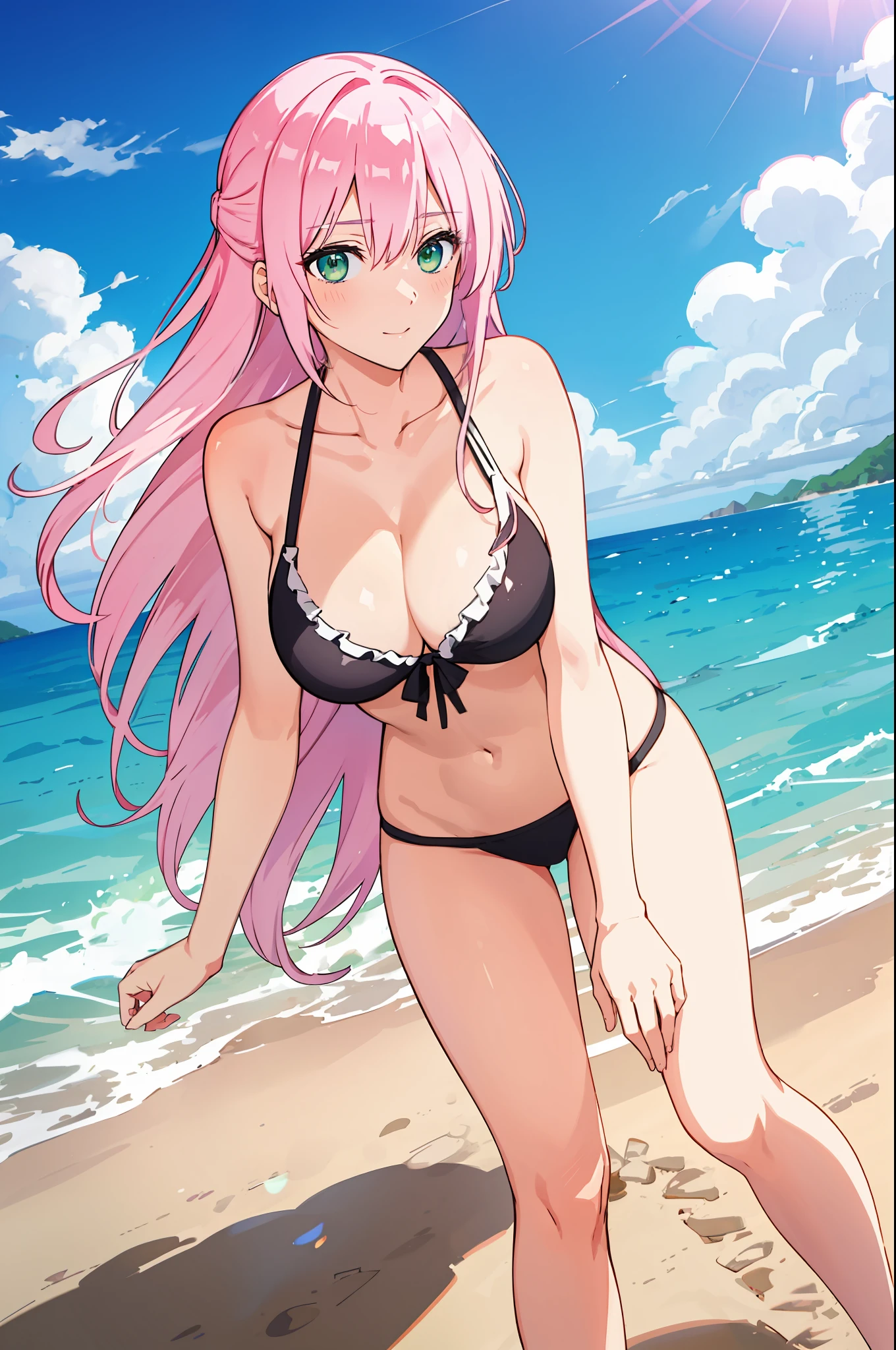 shikimori, medium breast, slim legs, sunny day, Beach, leaning, beautiful eyes, green eyes, nervous
