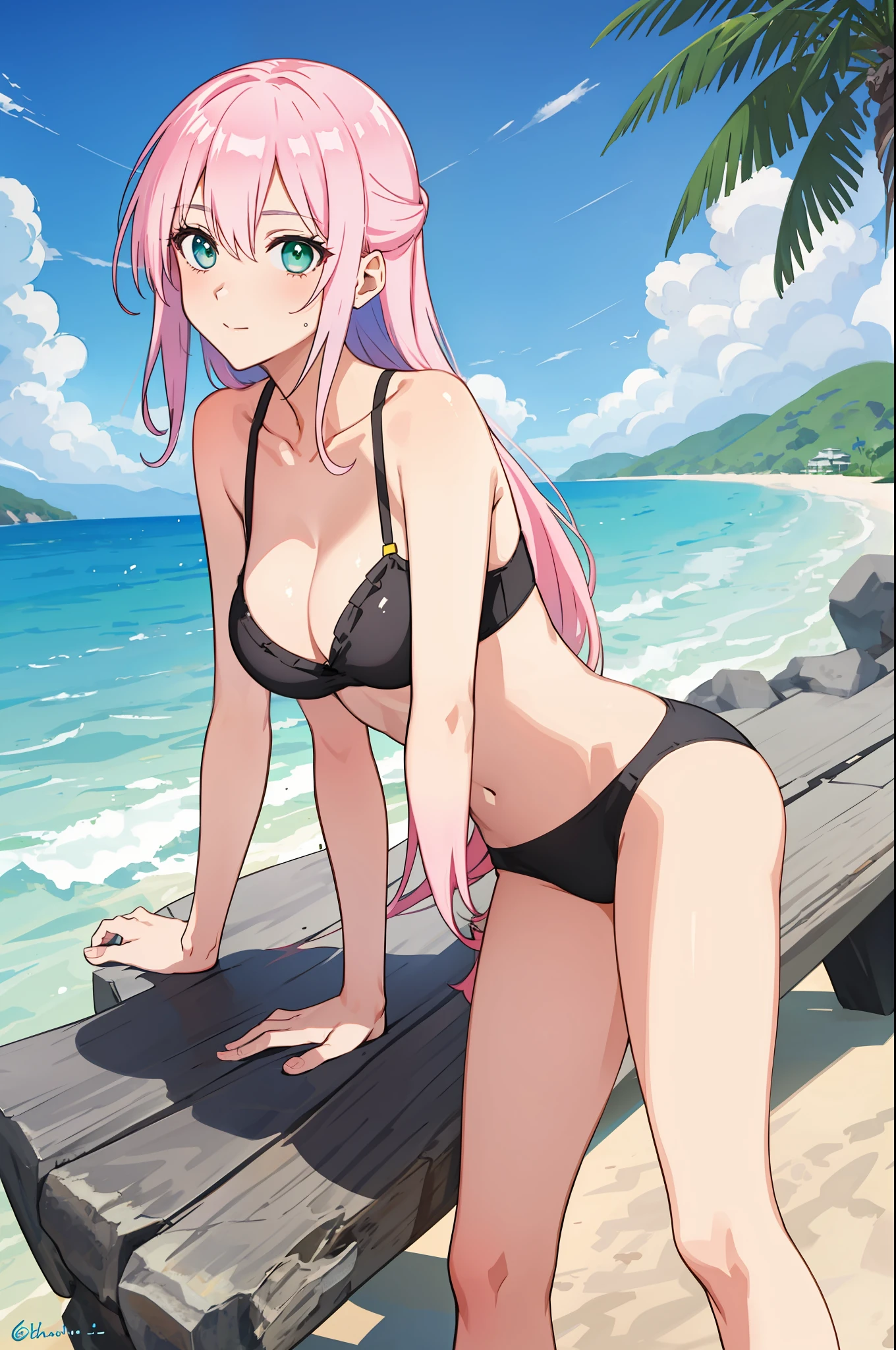 shikimori, medium breast, slim legs, sunny day, Beach, leaning, beautiful eyes, green eyes, nervous