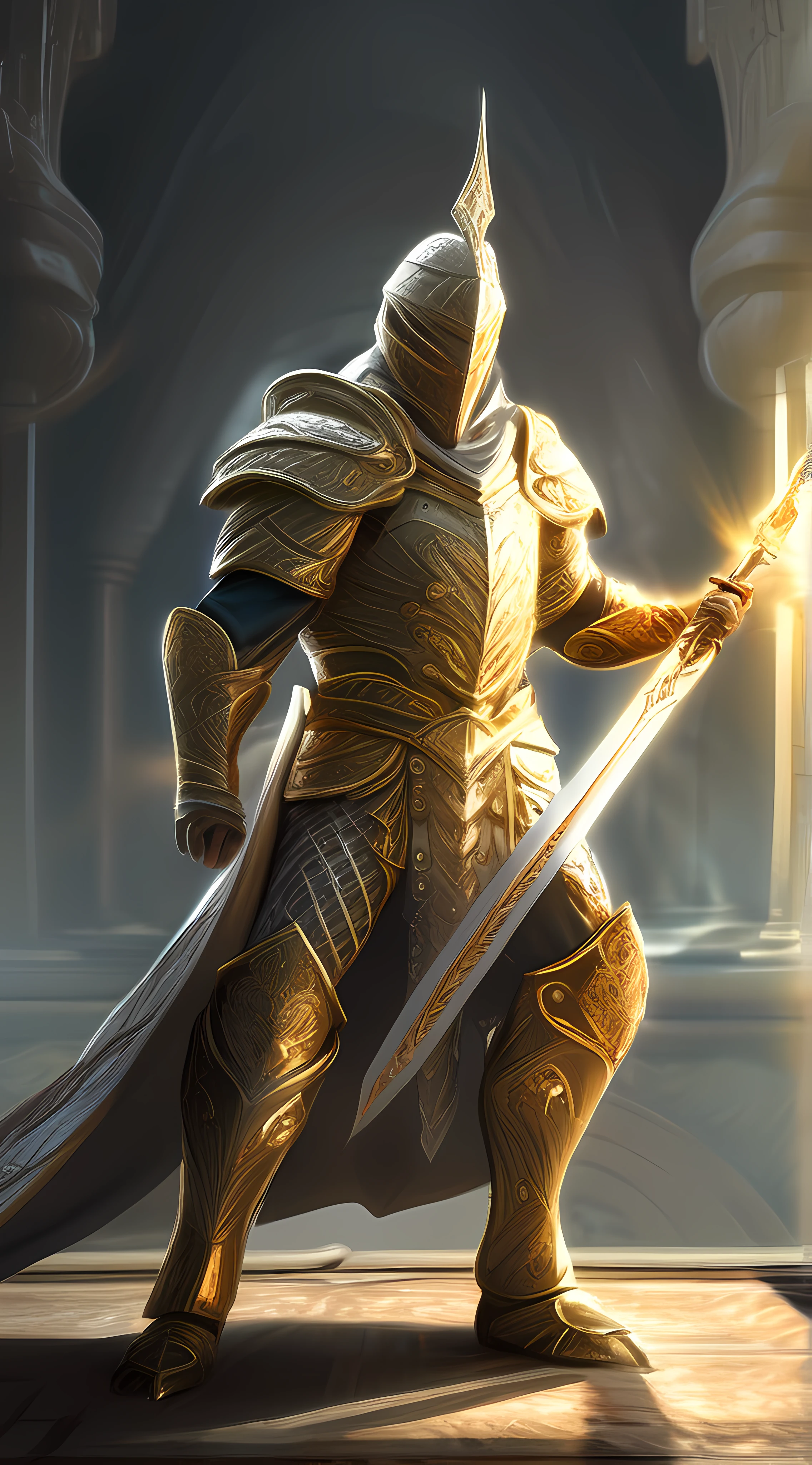 The image shows the Warrior of Light in a heroic pose, wielding his legendary sword with both hands. The sword is long and broad, with a silver blade and a golden handle. The sword has engravings of ancient symbols, which glow with a magical light. The sword seems to emanate power and authority.
The Warrior of Light wears shining armor, which reflects the sunlight. The armor is made of polished metal, with details in gold and precious stones. The armor covers his entire body, protecting him from any attack. The armor has an elegant and imposing design, which shows the status and nobility of the warrior.
The Warrior of Light has a strong, confident appearance, with an expressive face and penetrating eyes. He has short, blond hair, and a well-trimmed beard. He has a determined and courageous smile, which shows his will to fight and win. He has a firm and determined gaze, which shows his leadership and wisdom.
The Warrior of Light is in a war scenario, surrounded by enemies and allies. He is in the center of the battle, facing the forces of darkness. He is surrounded by fire, smoke and blood, but he is not shaken. He is ready to strike the final blow, and free the kingdoms from oppression.