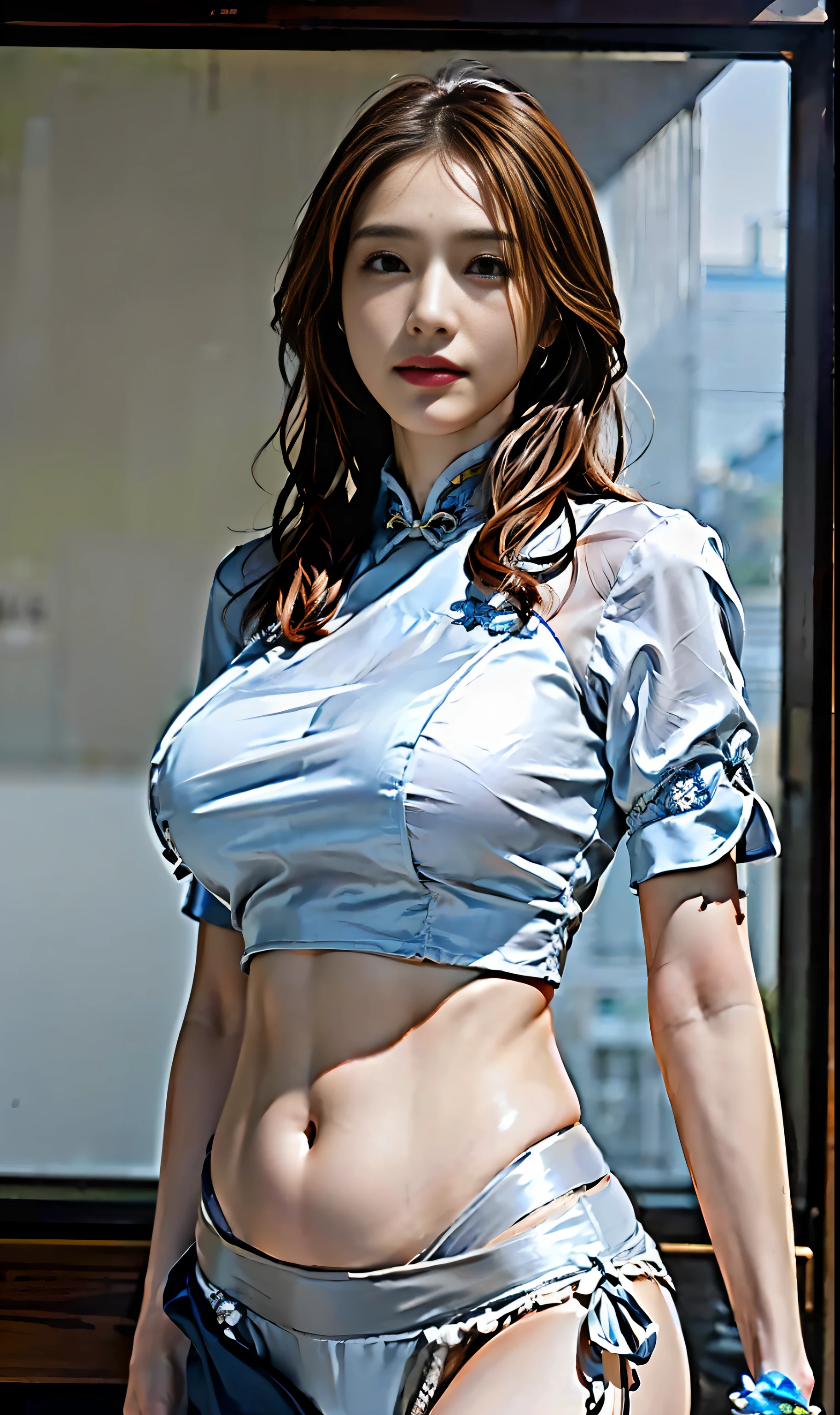 ulzzang-6500-v1.1,(Raw photo:1.2), (Photorealistic:1.4), (Beautiful detailed super beautiful single woman), (((slender model, 28 years old)), very detailed eyes and face, Beautiful detailed eyes, disheveled long brown hair, ridiculous, incredibly ridiculous, huge file size, ultra detailed, high resolution, very detailed, best quality, masterpiece, ((Light grey short silk navel cheongsam)), ((Detailed areola clearly visible)),((Big with drooping details))), ((Show off detailed crotch)), illustration, CG, Unity, 8k wallpaper, fantastic, fine details, face light, movie lighting, (half), (wearing ultra-high leg panties with details)), ((Dynamic pose)), official clothes
