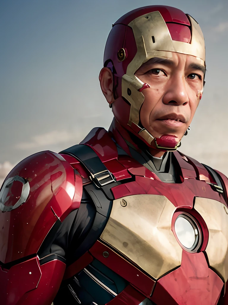 4k, Best quality, masterpiece, ultra high res, beautiful lighting, (realistic, photo-realistic:1.4), realistic background,  jokowi, 1man, 50 years old, serious, ironman open mask, full torso potrait photo, Long shot, wide shot, full shot